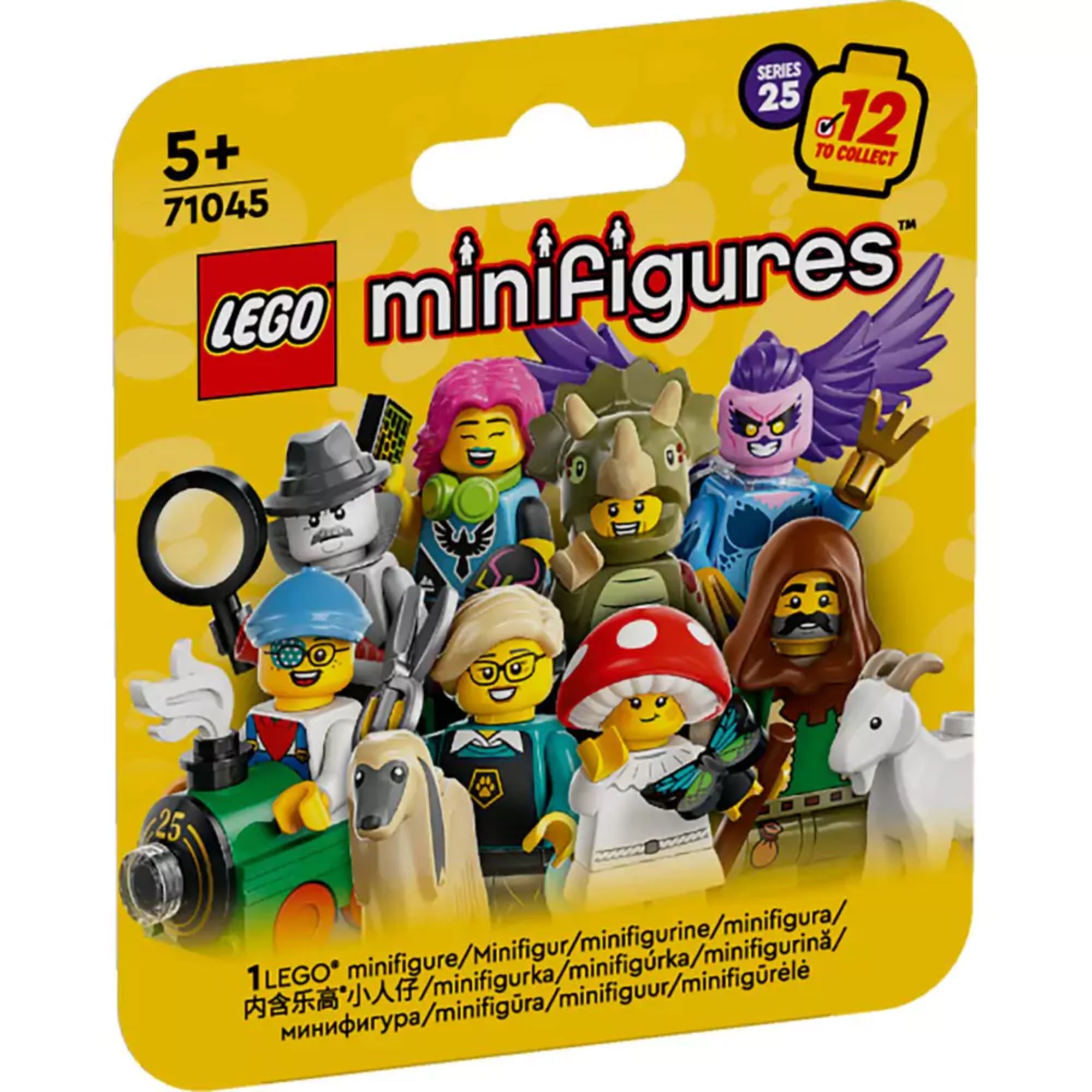 A képen a LEGO Minifigures 25. sorozatának (71045-ös számú) csomagolása látható. A sárga háttér előtt tizenkét különböző, részletesen kidolgozott minifigura szerepel, amelyek mindegyike egyedi karaktert képvisel – például detektív, varázsló, rinocérosz jelmezes figura, gombakalapos lány, sőt még egy kecskés karakter is. A csomagolás jobb felső sarkában olvasható, hogy összesen 12 figura gyűjthető ebben a szériában. A bal felső sarokban a játék 5 éves kortól ajánlott, és a LEGO jól ismert logója is látható.