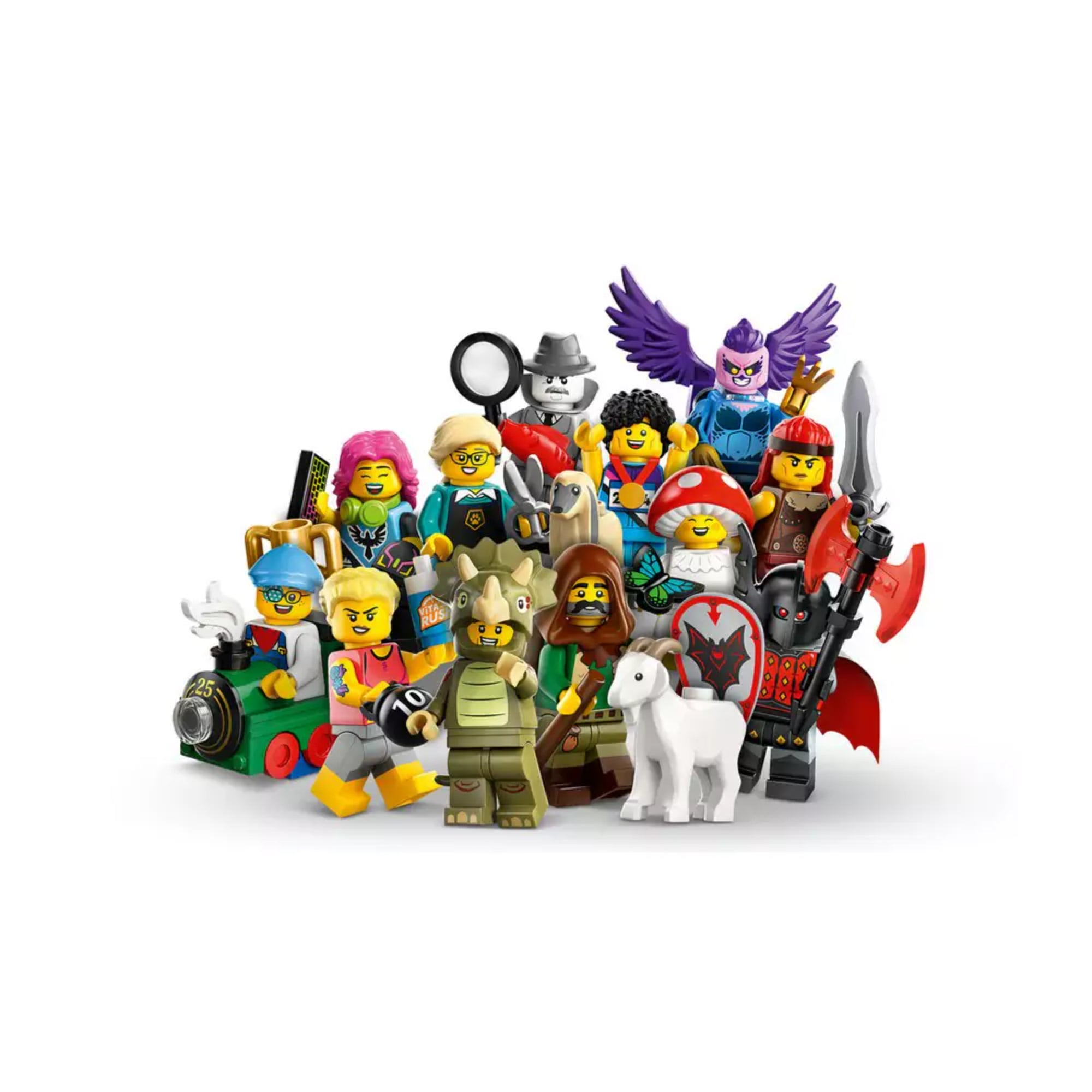 A képen a LEGO Minifigures 25. sorozatának teljes gyűjteménye látható, összesen 12 különböző karakterrel. Mindegyik minifigura részletesen kidolgozott, sajátos stílusú és egyedi kiegészítőkkel rendelkezik – például egy gombakalapos lány, egy ornitológus nő madárral, egy sárkánylovag pajzzsal és csatabárddal, egy mozdonyvezető, egy szivárványhajú szuperhős, egy detektív nagyítóval, valamint egy különleges rinocérosz jelmezes figura is szerepel a sorban. 
