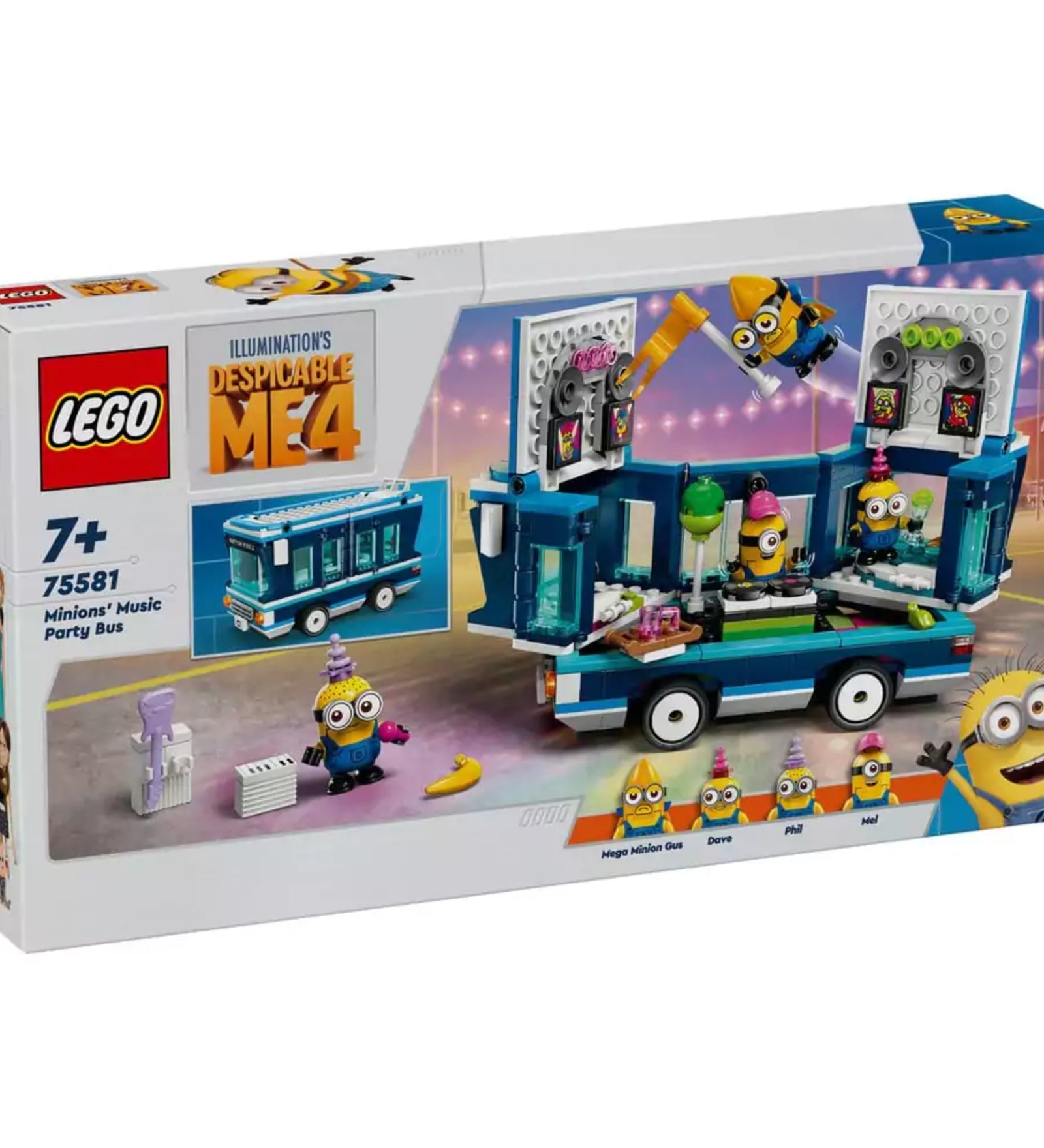 A LEGO Minions: Minyonok zenés partibusza (75581) színes doboza, rajta a kinyitható busz látványos grafikai ábrázolásával, a négy minyon karakterrel és a Despicable Me 4 logóval.