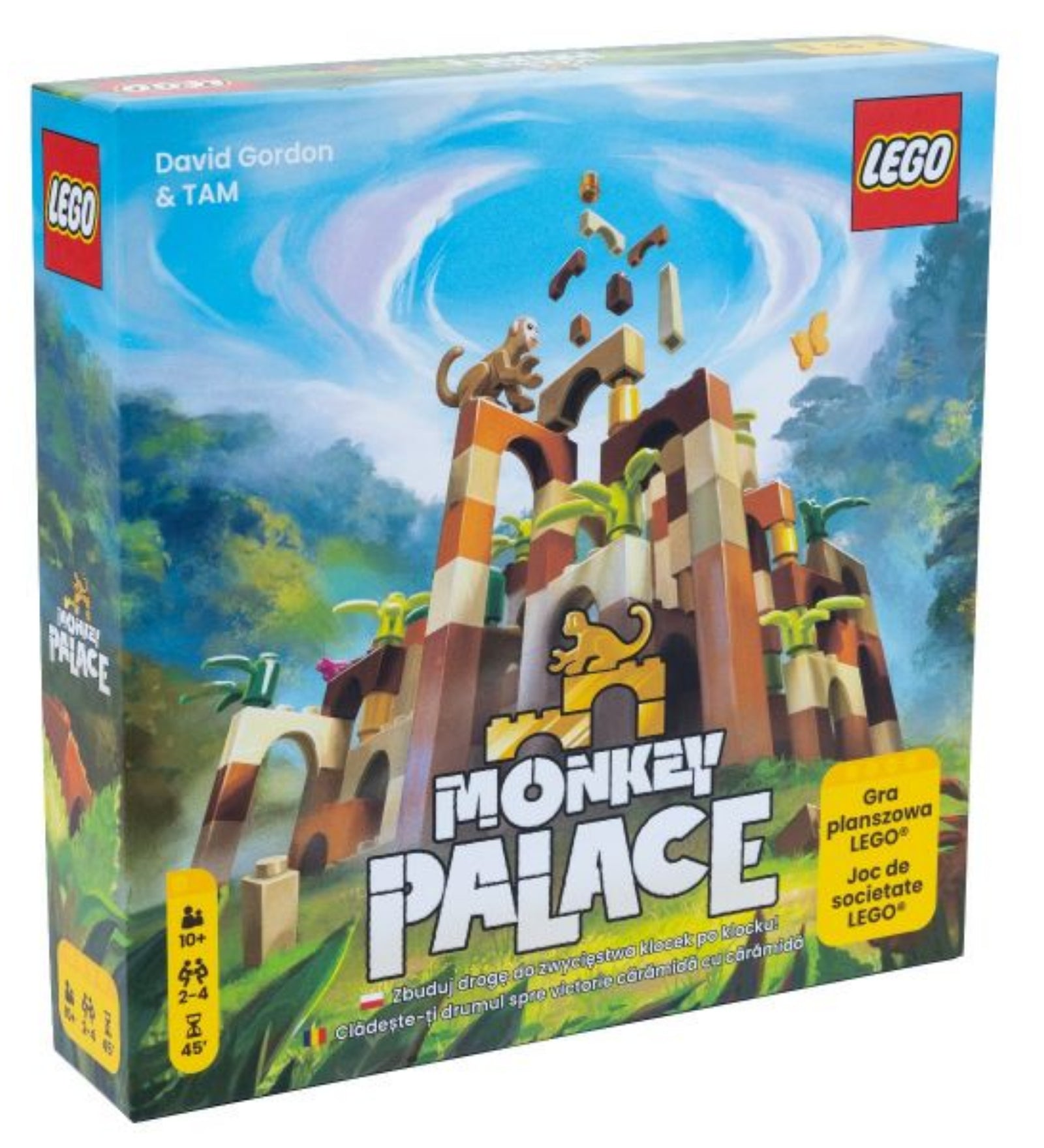 A LEGO Monkey Palace társasjáték színes doboza, amelyen egy majom mászik egy hatalmas, barna és bézs LEGO elemekből álló templomra, háttérben dzsungellel és örvénylő égbolttal.