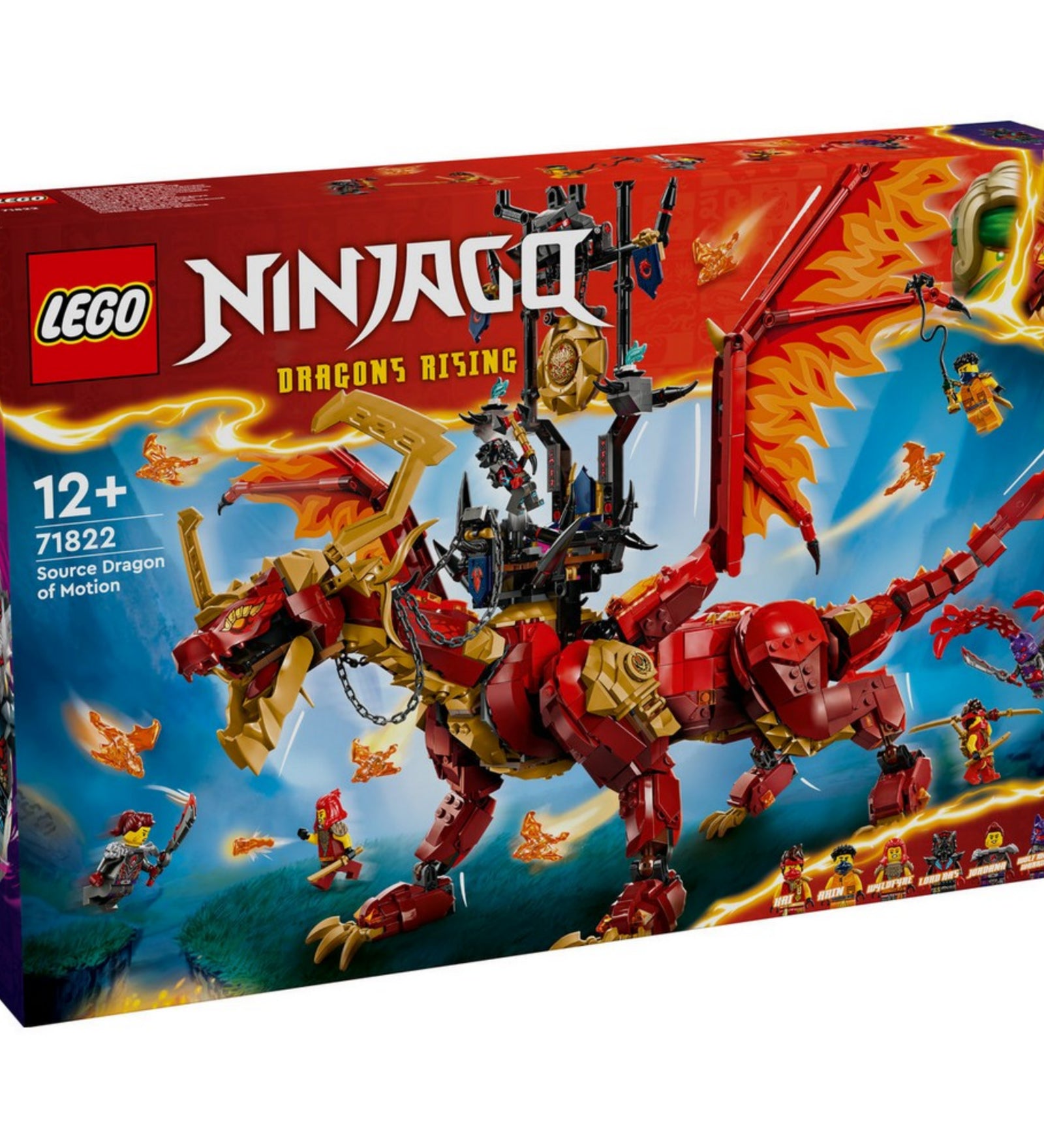 A LEGO NINJAGO A mozgás eredendő sárkánya (71822) dobozának elölnézete, látványos illusztrációval, minifigurákkal és a 12+ korosztályi ajánlással.