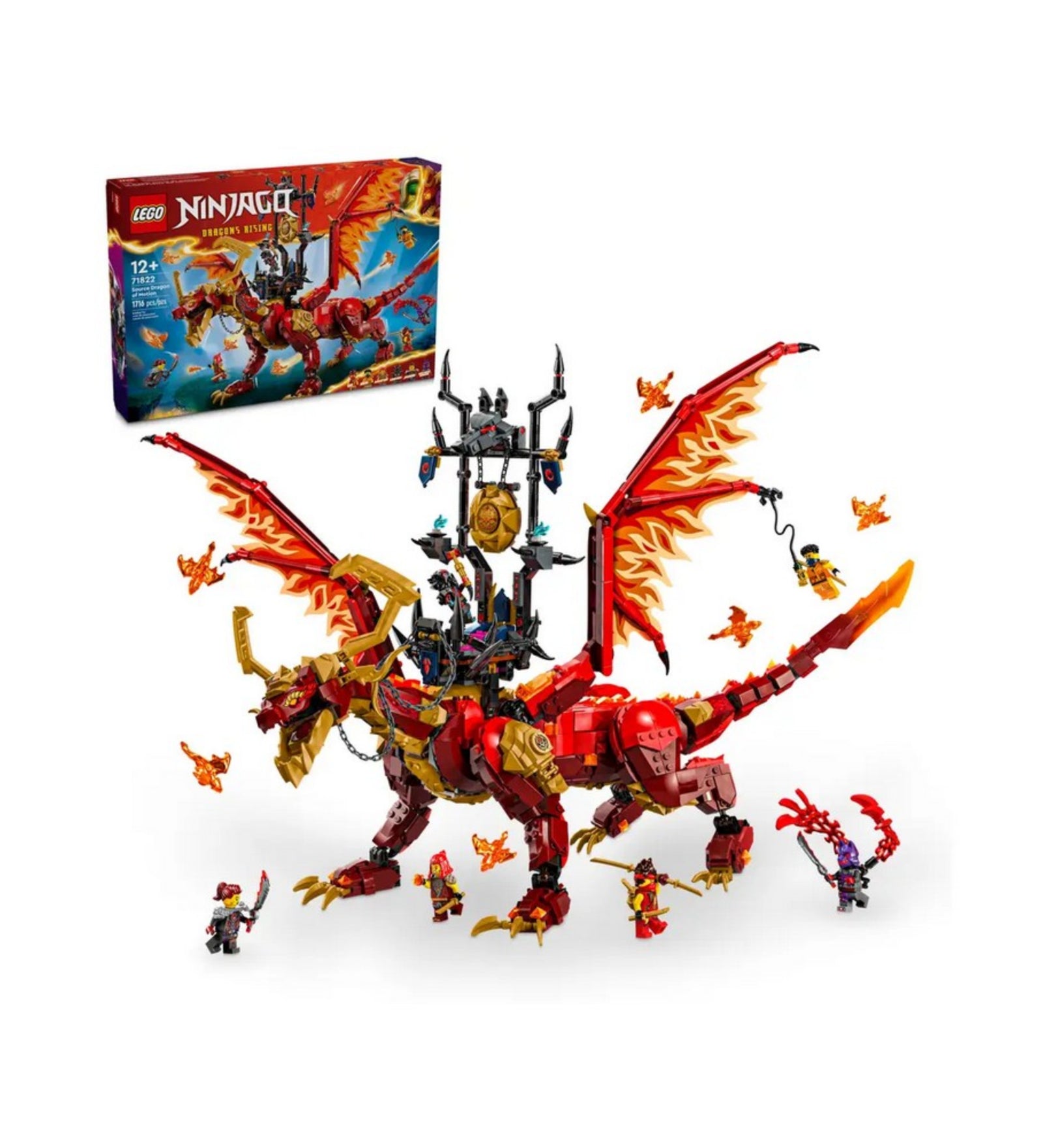 A LEGO NINJAGO 71822 készlet doboza és a teljes sárkány összeállítás, hat minifigurával és tüzes szárnyú mini sárkányokkal körülvéve.