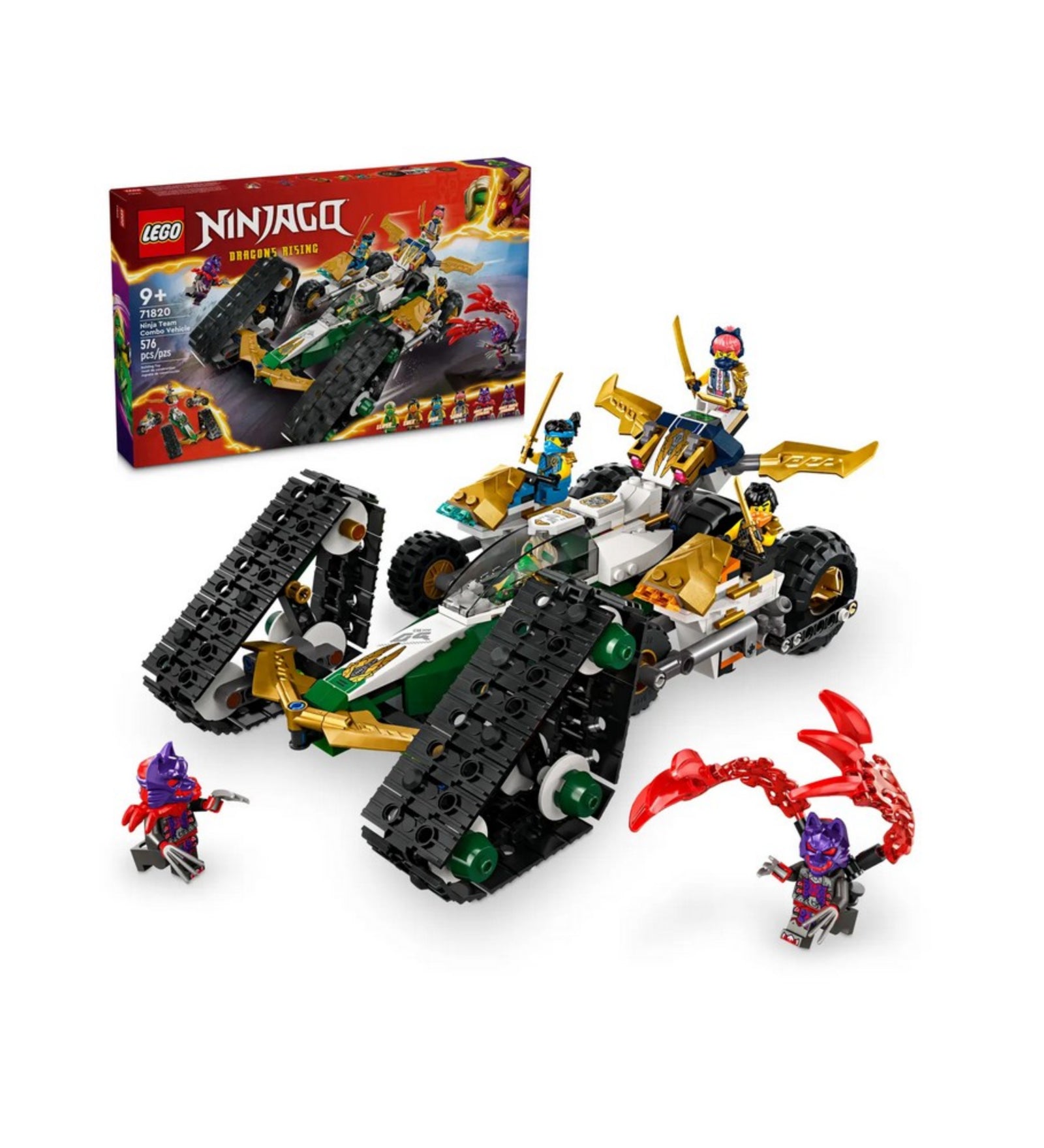 A LEGO NINJAGO A nindzsacsapat kombinálható járműve (71820) teljes készlet és doboz, a lánctalpas járműre felszállt nindzsa minifigurákkal, akcióhelyzetben.