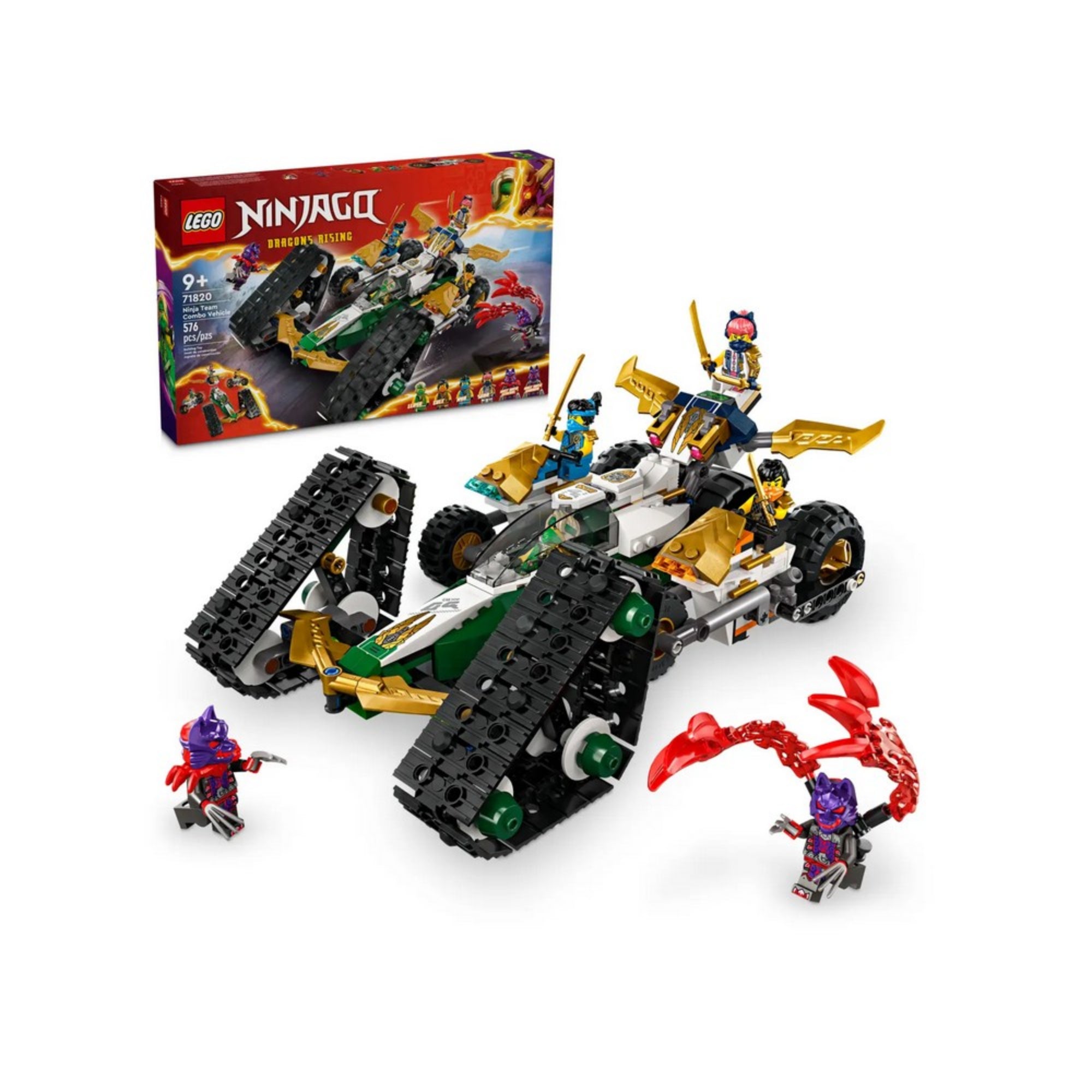 A LEGO NINJAGO A nindzsacsapat kombinálható járműve (71820) teljes készlet és doboz, a lánctalpas járműre felszállt nindzsa minifigurákkal, akcióhelyzetben.