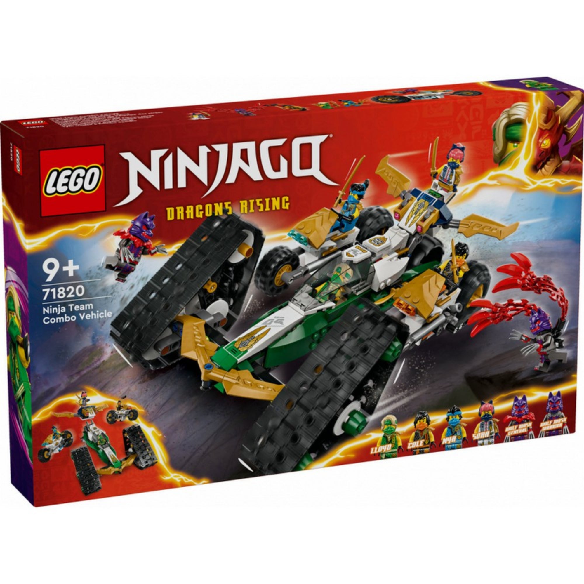 A LEGO NINJAGO 71820 szett doboza elölnézetből, élénk piros háttérrel, a fő jármű és a hat mellékelt minifigura látványos grafikájával.