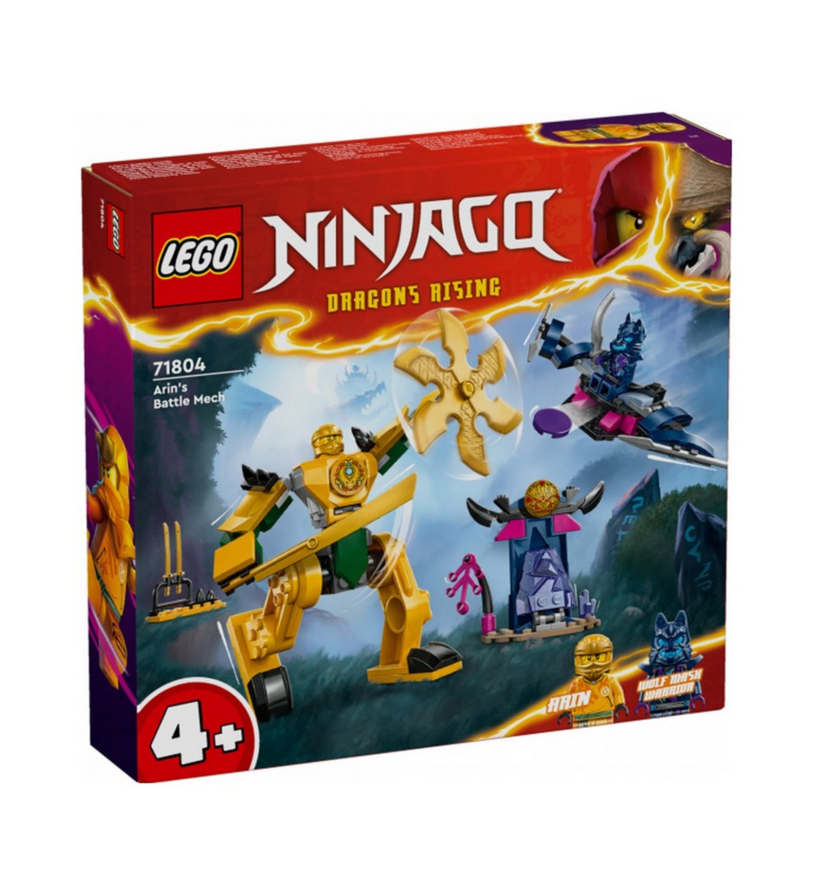 Dobozkép a LEGO NINJAGO Arin csatagépe (71804) készletről, elölről fotózva; látható rajta a sárga harci robot, Arin minifigurája, egy gonosztevő és egy lila-fekete repülő szerkezet.
