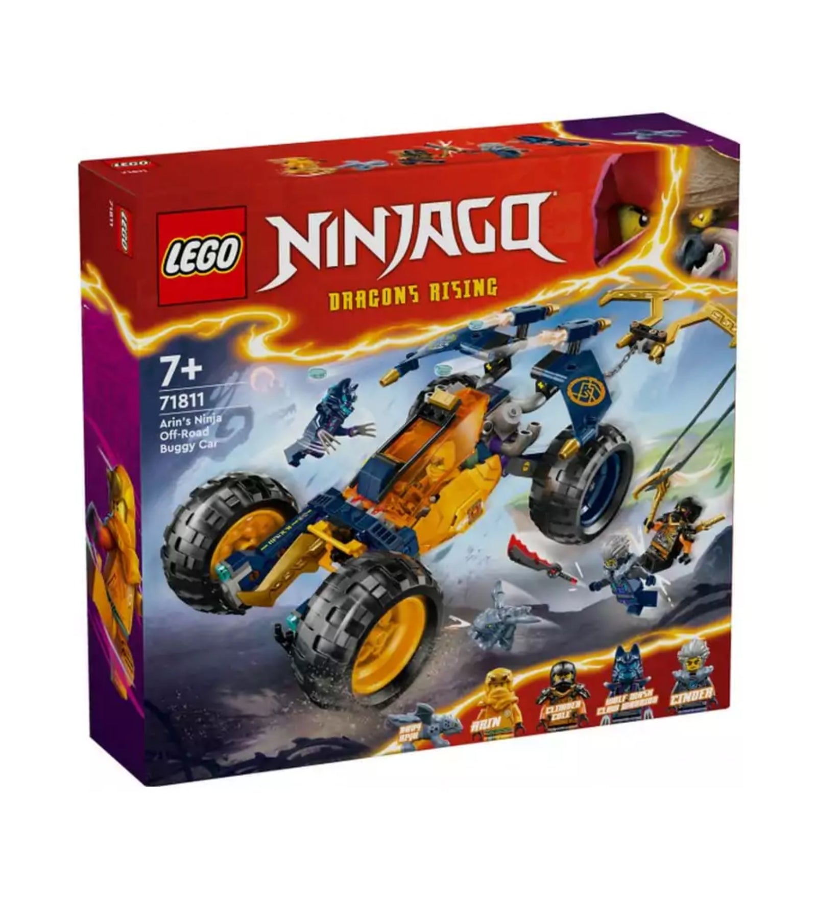 A LEGO NINJAGO Arin nindzsa homokfutója (71811) szett doboza, élénk sárga és kék buggy járművel, öt minifigurával és kalandos háttérrel illusztrálva, a Dragons Rising sorozatból.