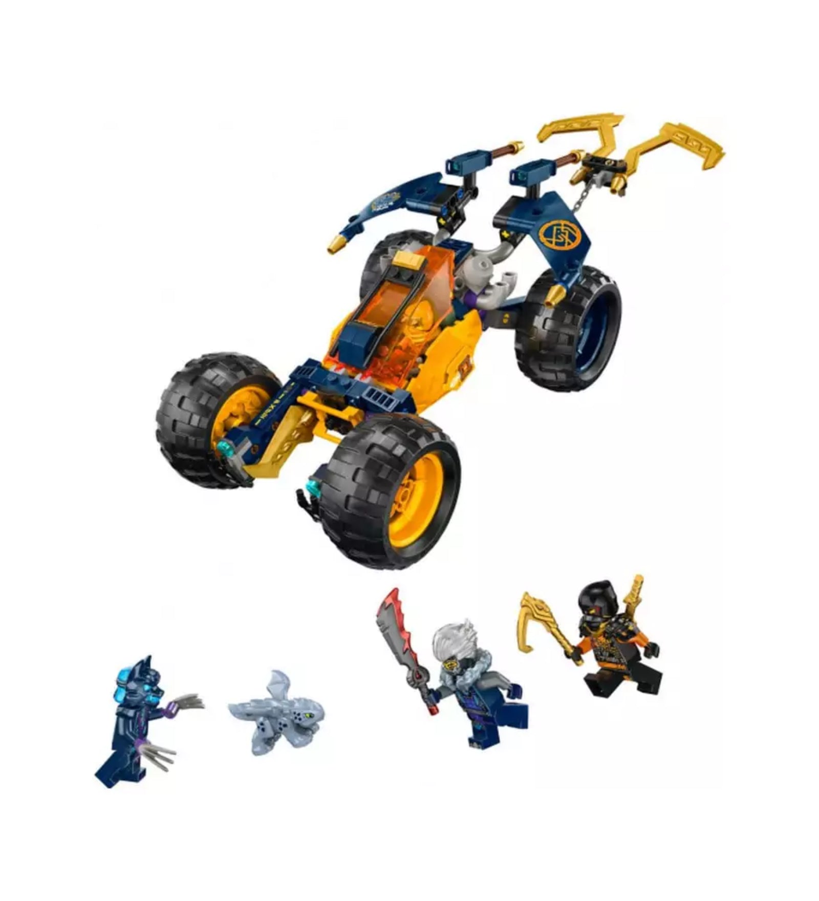 A LEGO NINJAGO Arin nindzsa homokfutója (71811) szett doboza, élénk sárga és kék buggy járművel, öt minifigurával és kalandos háttérrel illusztrálva, a Dragons Rising sorozatból.