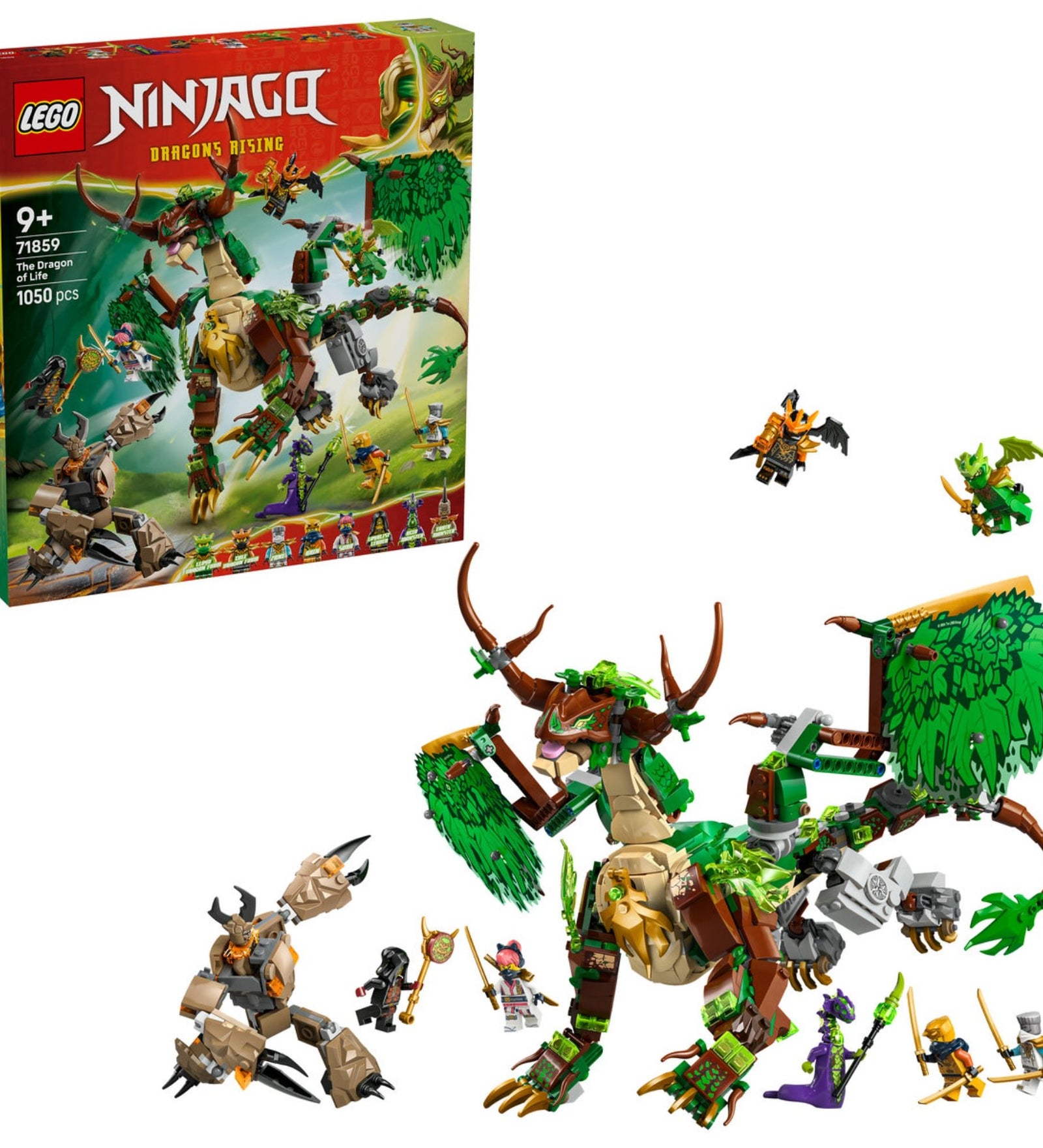 LEGO NINJAGO The Dragon of Life (71859) megépített sárkány és mech figura minifigurákkal és kiegészítőkkel.