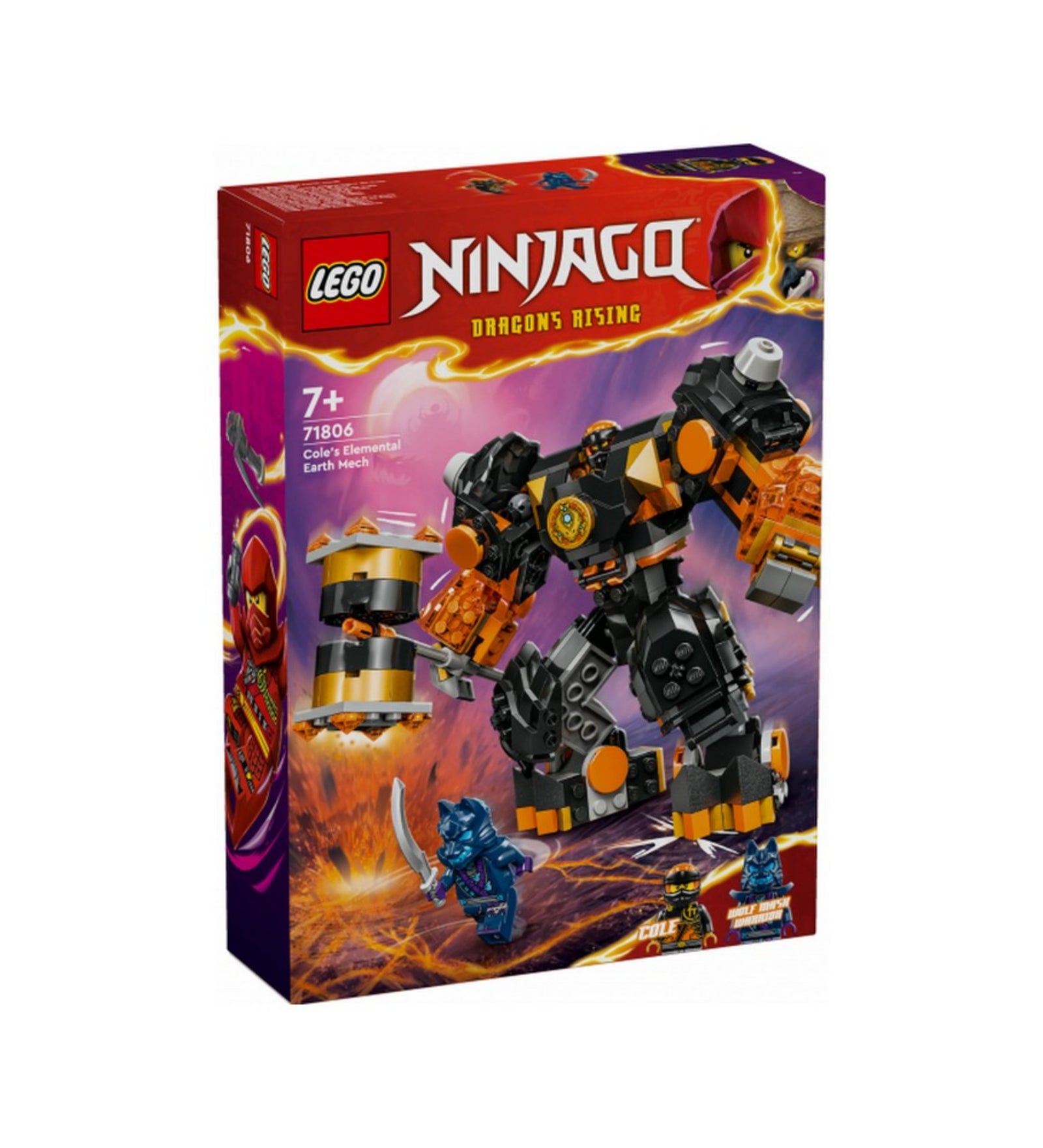 A LEGO NINJAGO 71806-os készlet dobozának előlapja, melyen a földrobot akcióban látható, ahogy megküzd az árnyharcossal, a dobozon a karakterek és a Dragon's Rising logó is szerepel.