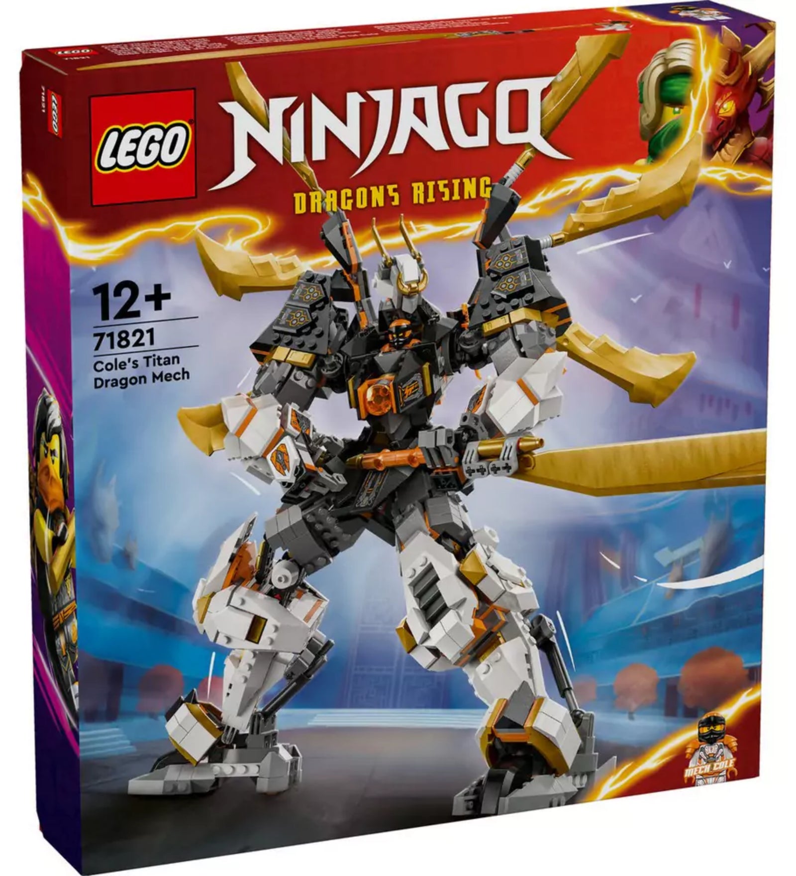 A LEGO NINJAGO Cole titánsárkány-robotja (71821) doboza elölről, rajta a robot teljes alakos illusztrációja arany és fekete színekben, NINJAGO Dragons Rising logóval.