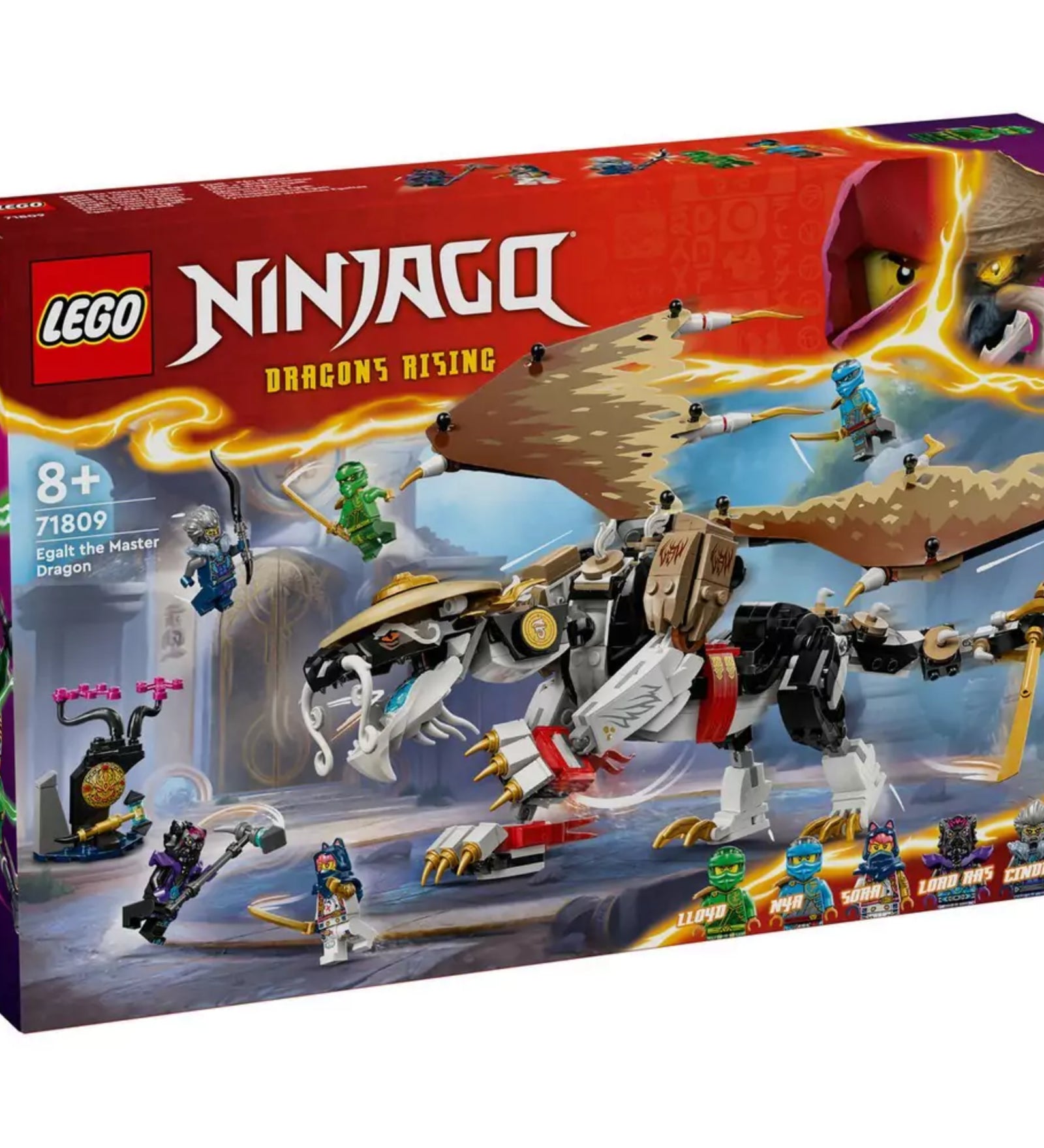 LEGO NINJAGO 71809 Egalt, a sárkánymester doboz: színes, dinamikus csomagolás sárkányrepüléssel a háttérben, a doboz alján a hat mellékelt minifigura – Lloyd, Nya, Sora, Lord Ras, Cinder és az árnyharcos.