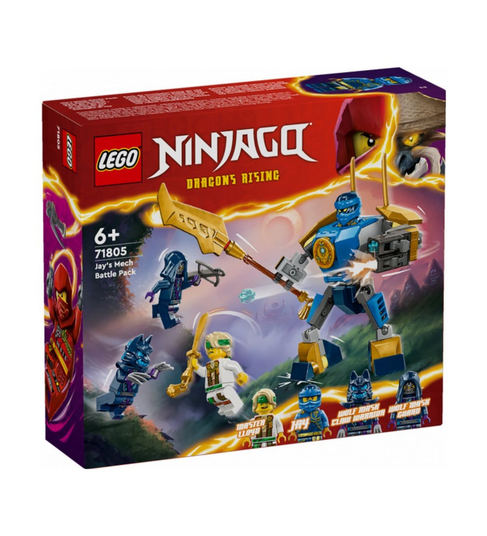 A LEGO NINJAGO Jay robot csatakészlet (71805) doboza elölről, élénk kék és sárga dizájnnal, a készlet tartalmát akcióban ábrázoló illusztrációval és a LEGO NINJAGO logóval.
