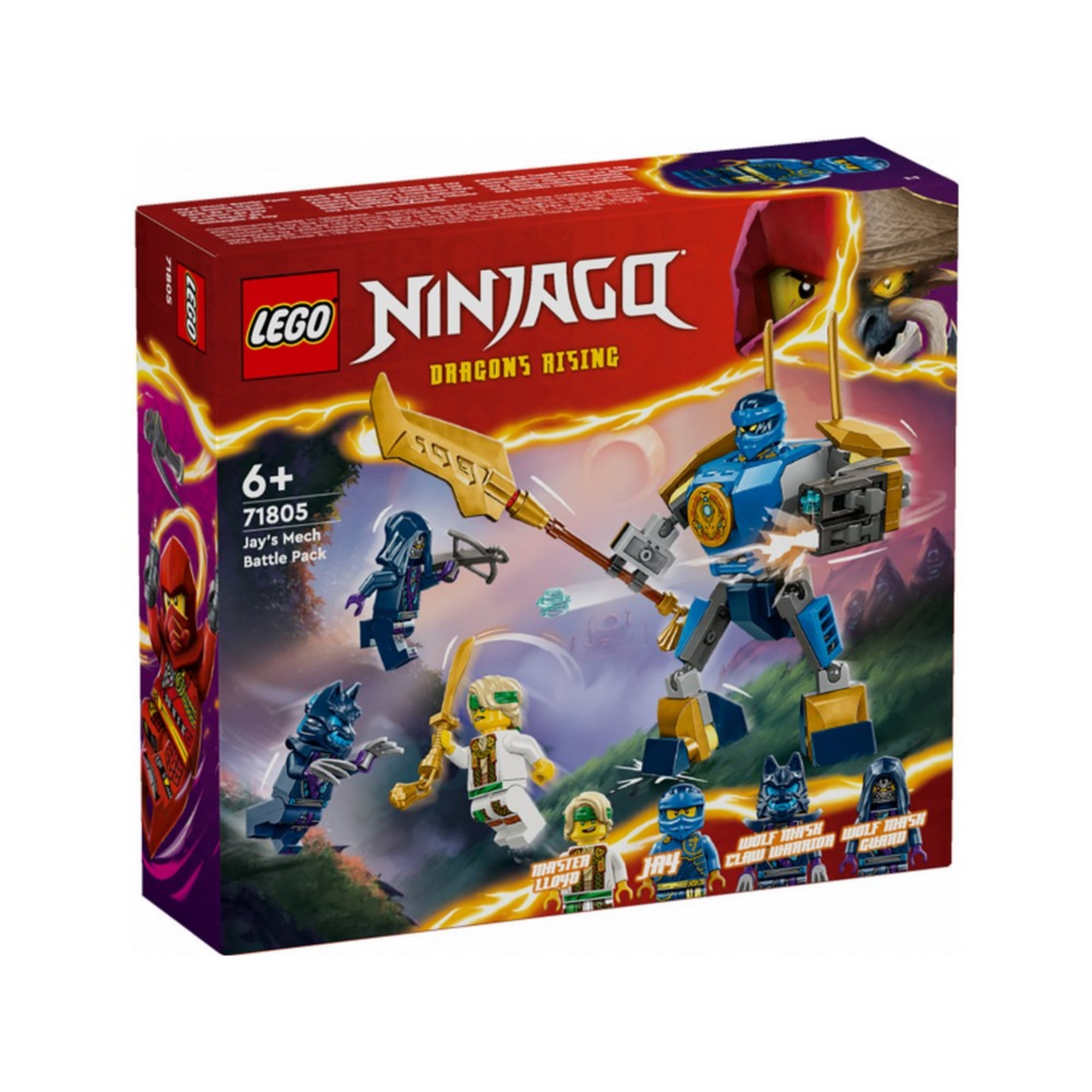 A LEGO NINJAGO Jay robot csatakészlet (71805) doboza elölről, élénk kék és sárga dizájnnal, a készlet tartalmát akcióban ábrázoló illusztrációval és a LEGO NINJAGO logóval.