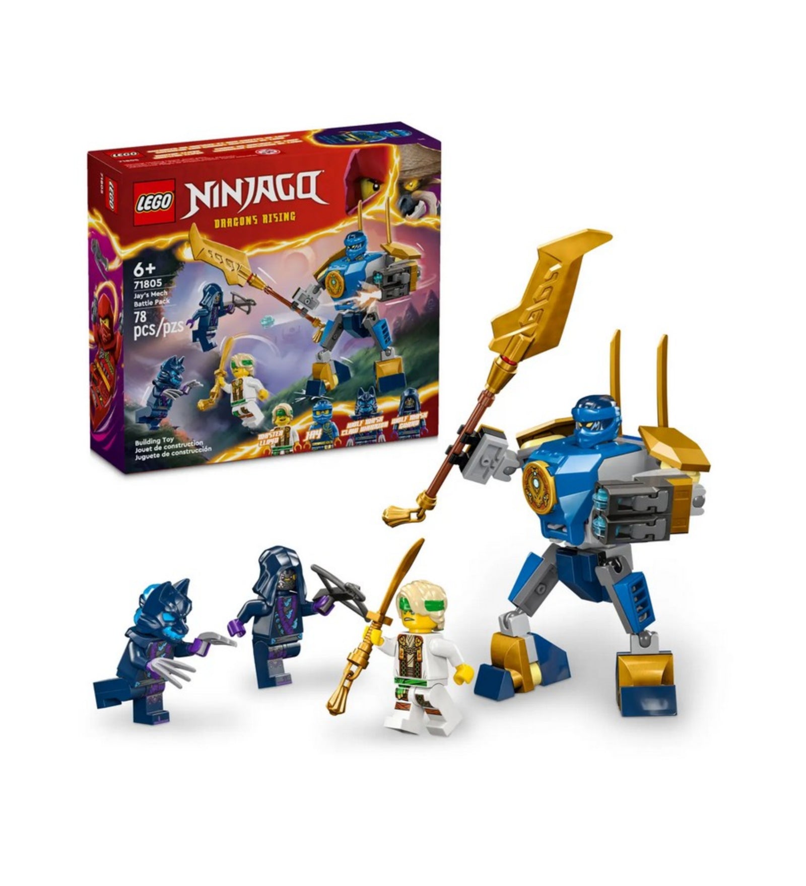 A LEGO NINJAGO Jay robot csatakészlet (71805) doboza és a mellette elhelyezett megépített figura, amely kiemeli a készlet vizuális világát és a benne rejlő játéklehetőségeket.