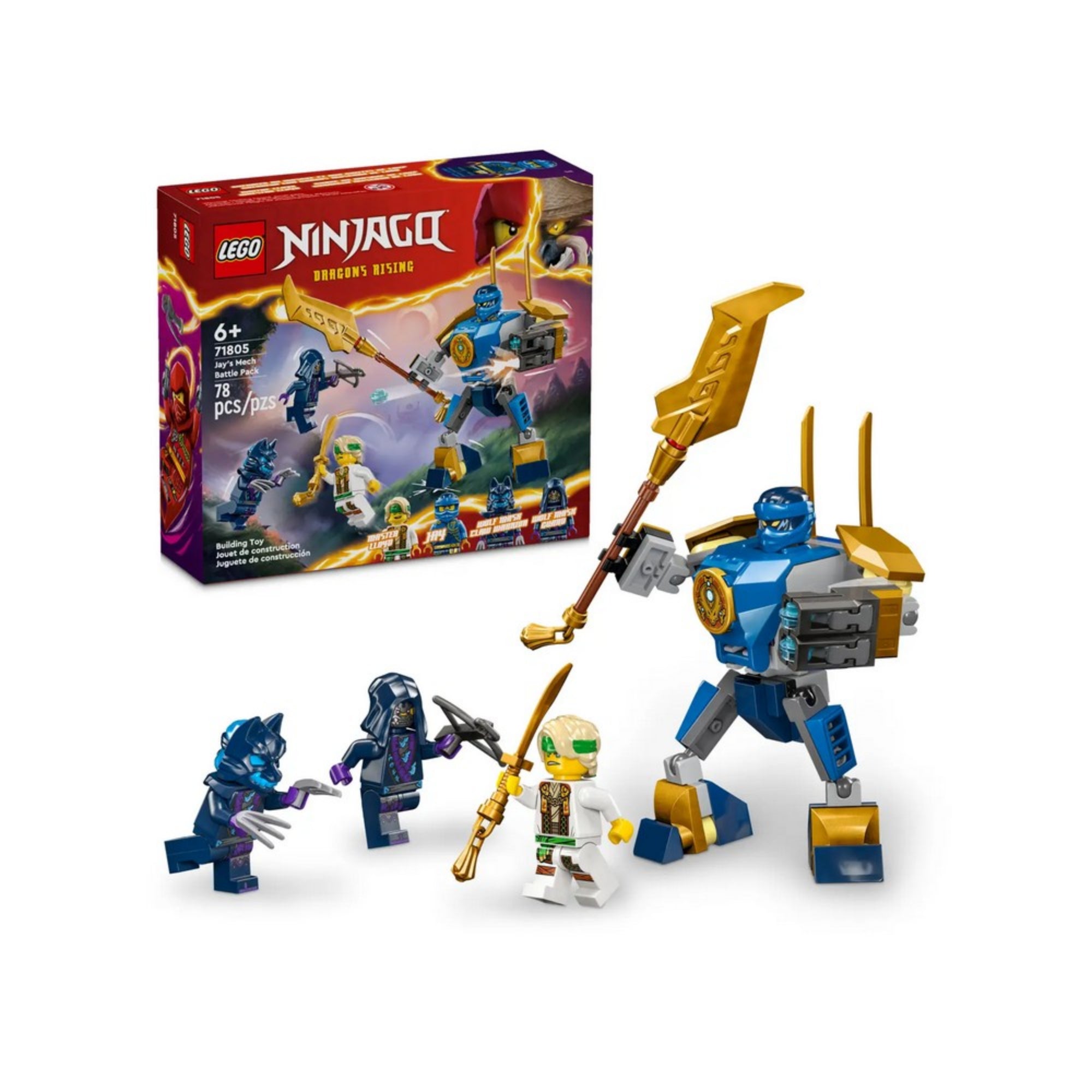 A LEGO NINJAGO Jay robot csatakészlet (71805) doboza és a mellette elhelyezett megépített figura, amely kiemeli a készlet vizuális világát és a benne rejlő játéklehetőségeket.