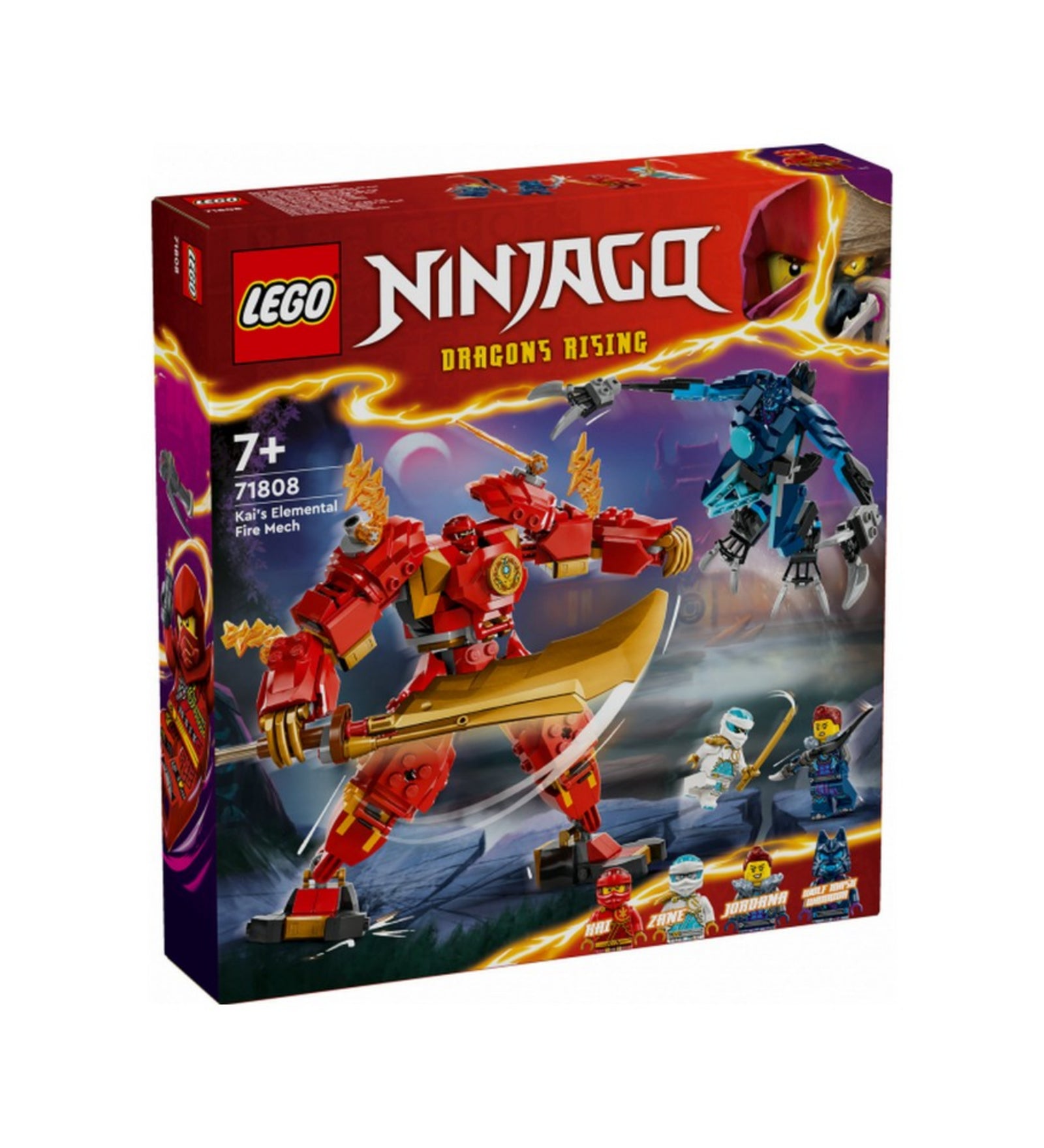 A készlet színes doboza, amelyen a LEGO NINJAGO Dragons Rising sorozat logója és Kai tűzrobotja látható akció közben, valamint az összes mellékelt minifigura alul feltüntetve.