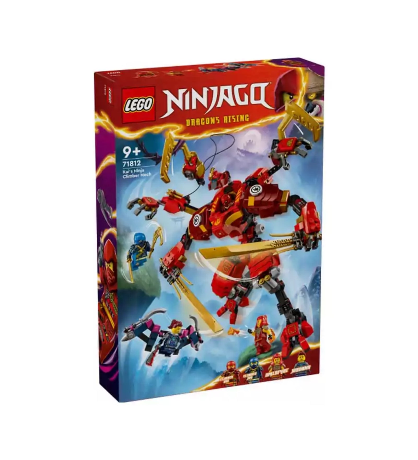 LEGO NINJAGO Kai hegymászó páncélja (71812) készlet színes doboza, amelyen a vörös és arany színű robot harc közben látható, hátterében Kai és Jay minifigurákkal, 9+ korosztályjelzéssel.