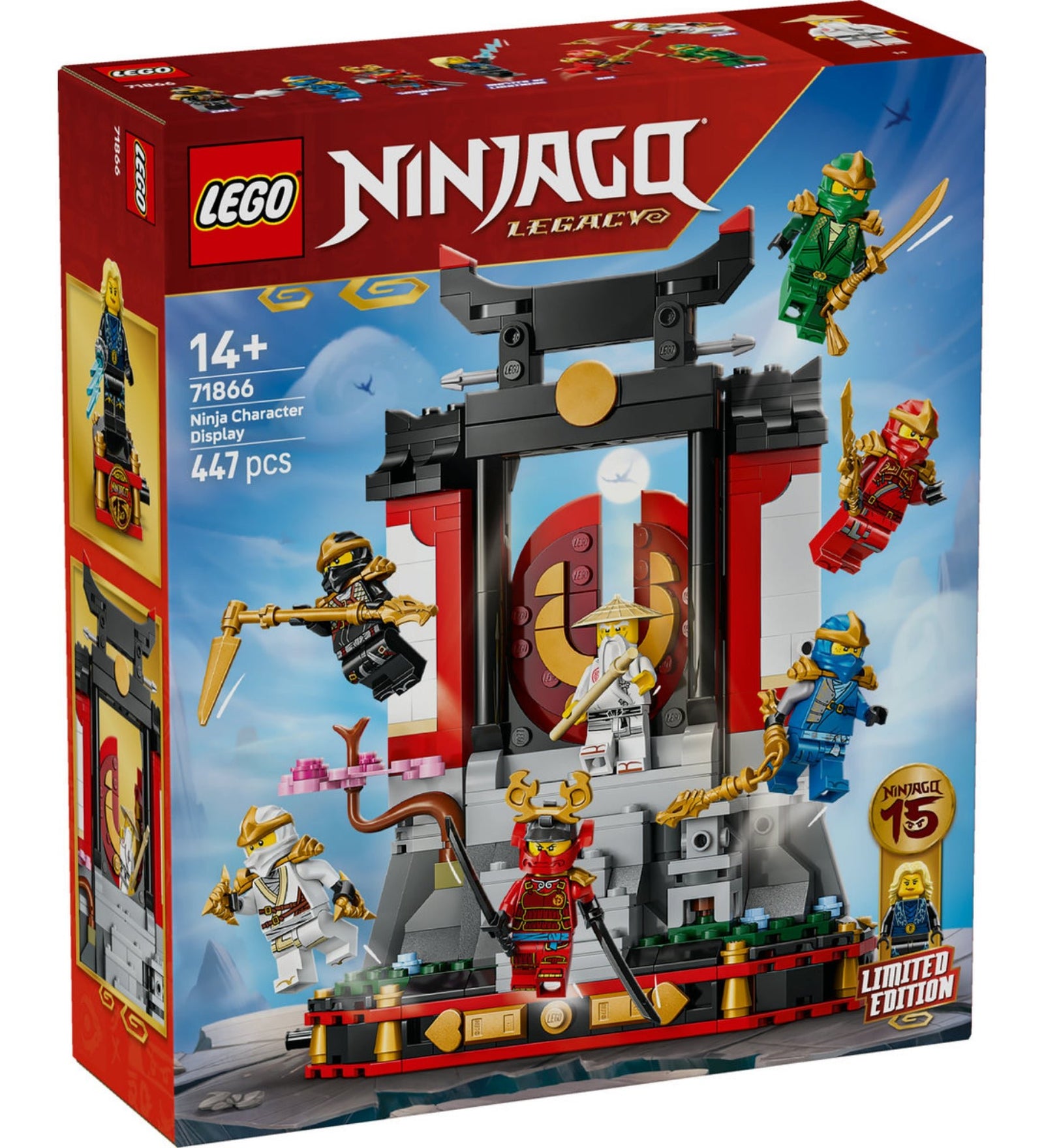 LEGO NINJAGO Legacy Ninja karakter bemutató (71866) dobozkép, a templomszerű bemutatóállvánnyal és több ninja minifigurával.