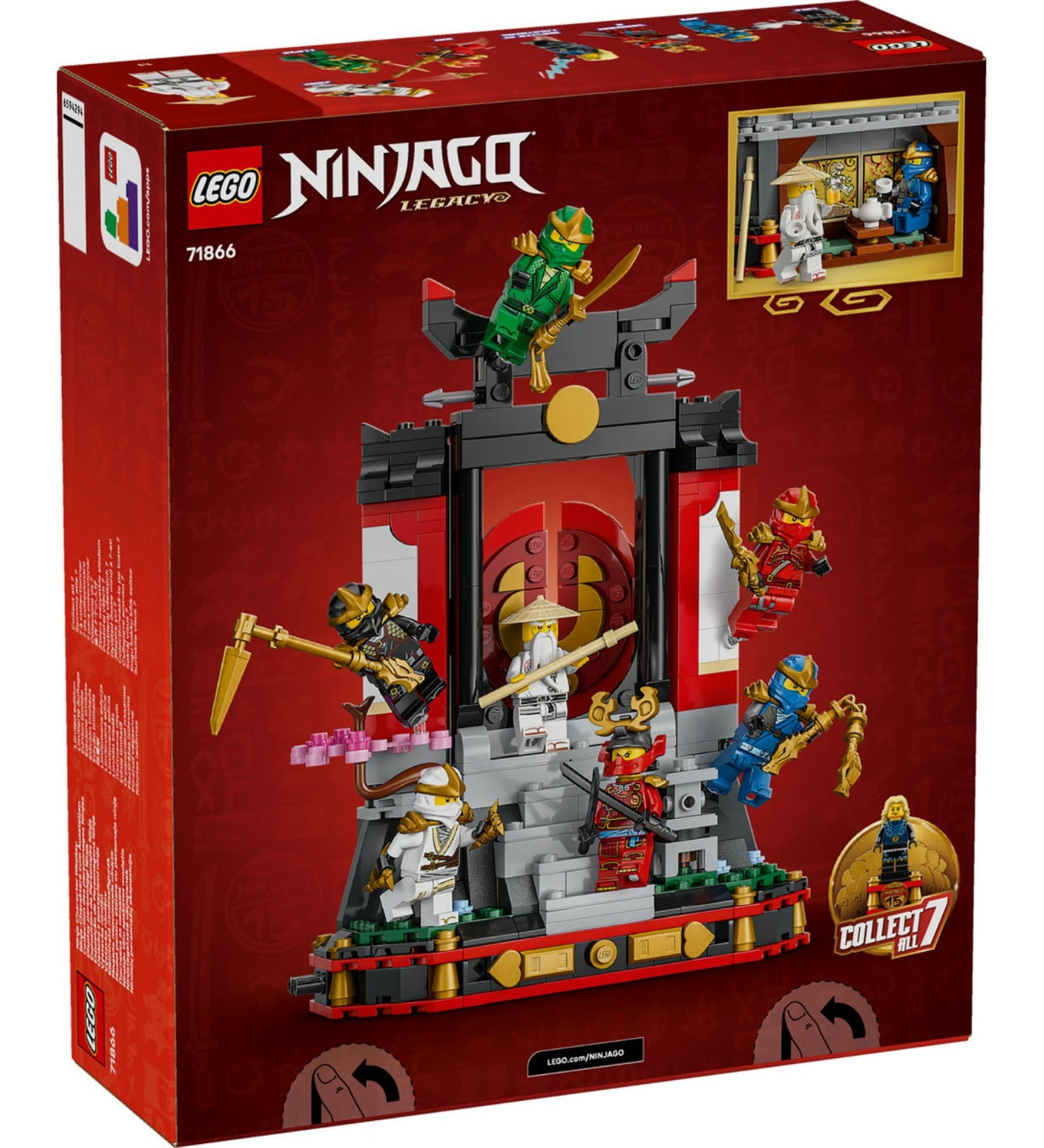 LEGO NINJAGO Legacy Ninja karakter bemutató (71866) doboz hátoldala, a megépített kiállítási modell részleteivel és figuráival.