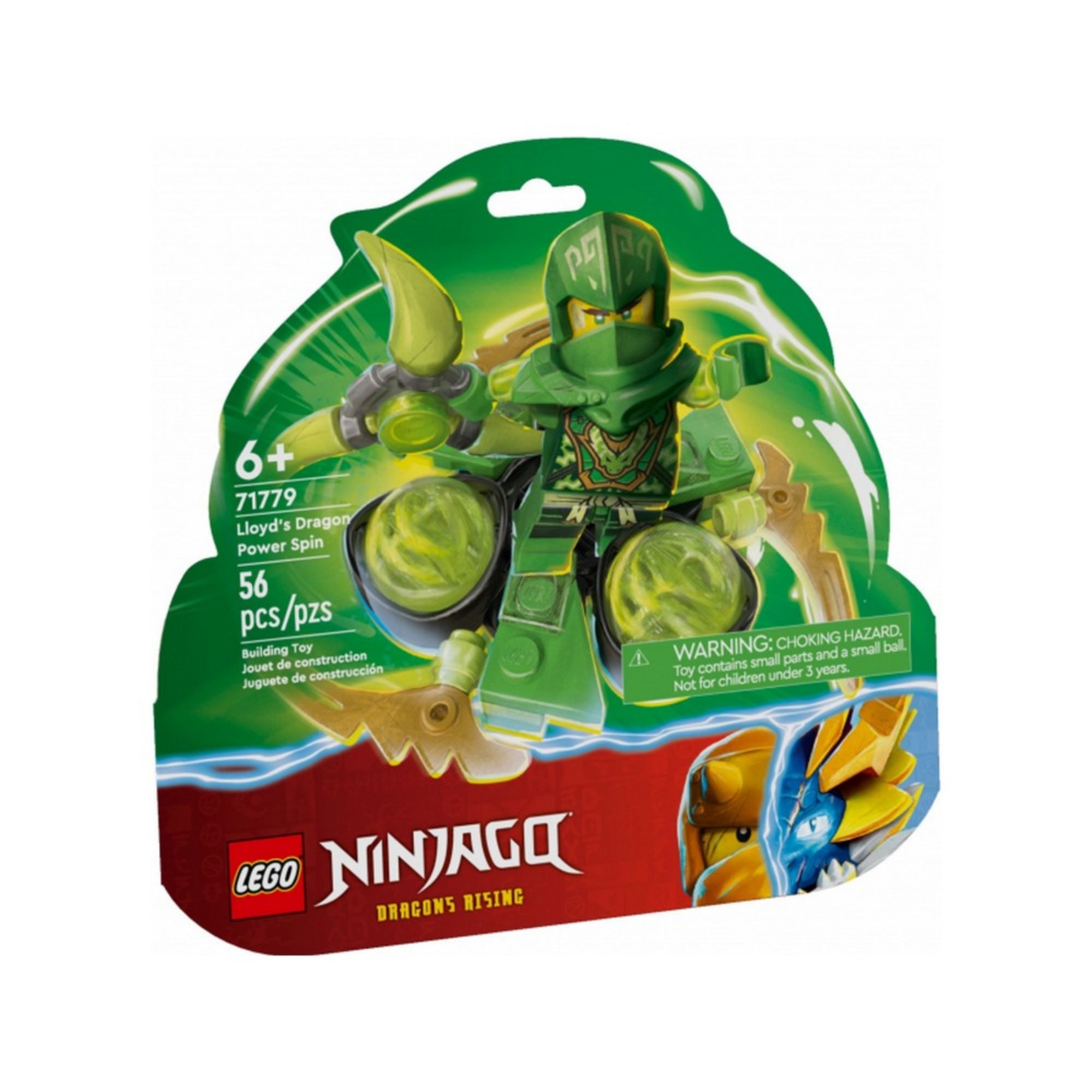 LEGO NINJAGO Lloyd sárkányerő Spinjitzu pörgése (71779) színes, karakteres doboza, amelyen Lloyd pörgő mozdulatban látható, 56 darabos készlet 6 éves kortól.