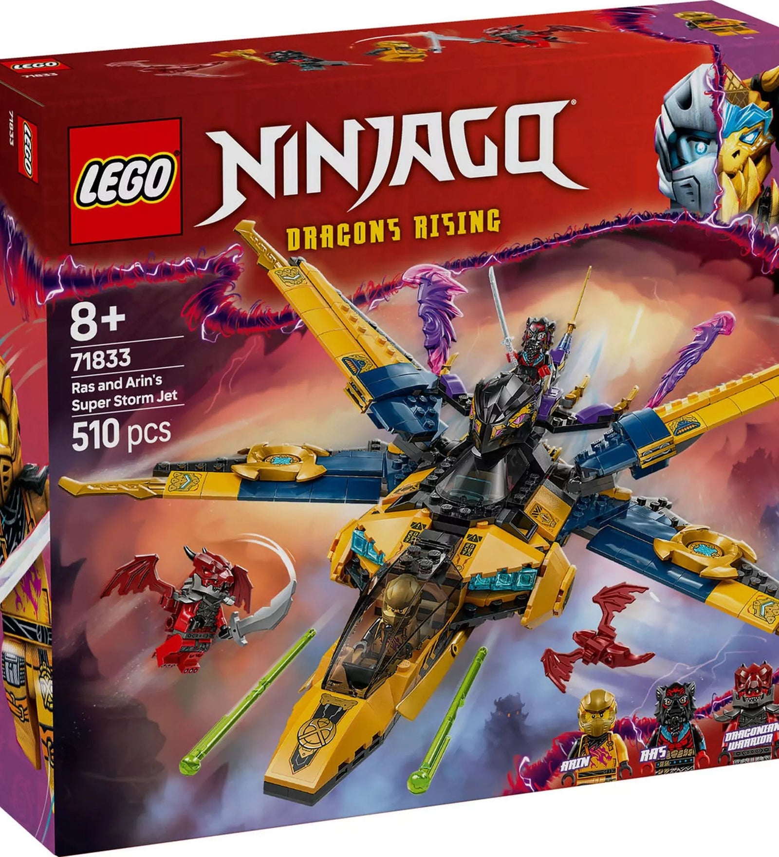 LEGO NINJAGO Ras és Arin szuper viharrepülője - Dobozkép a szett főbb funkcióinak kiemelésével.