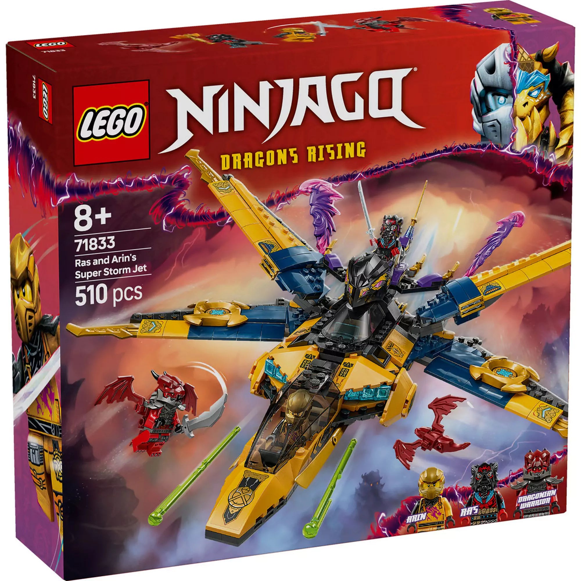 LEGO NINJAGO Ras és Arin szuper viharrepülője - Dobozkép a szett főbb funkcióinak kiemelésével.