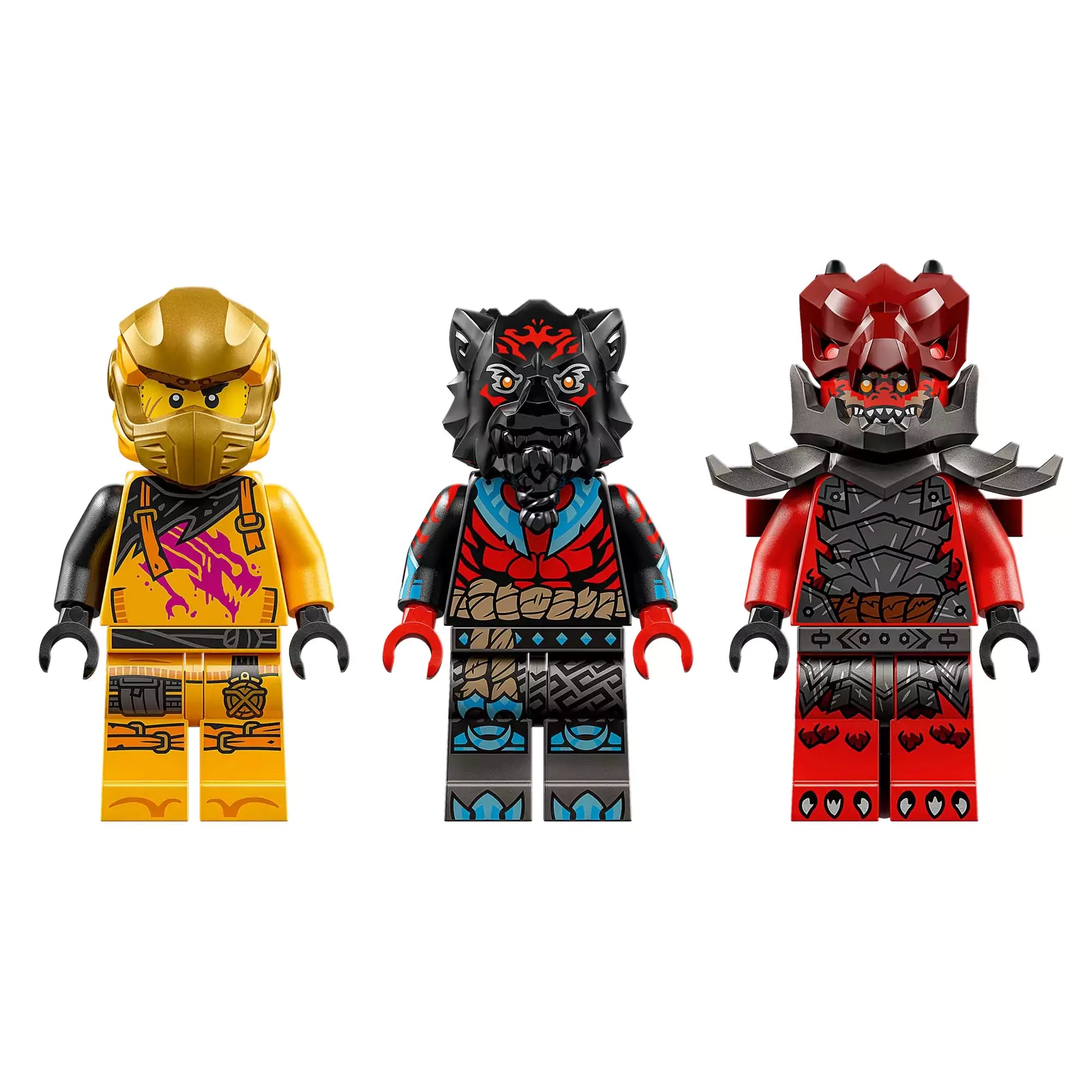 LEGO NINJAGO Ras és Arin szuper viharrepülője - Arin, Ras és egy dragoniai harcos minifigurák részletes kidolgozásban.