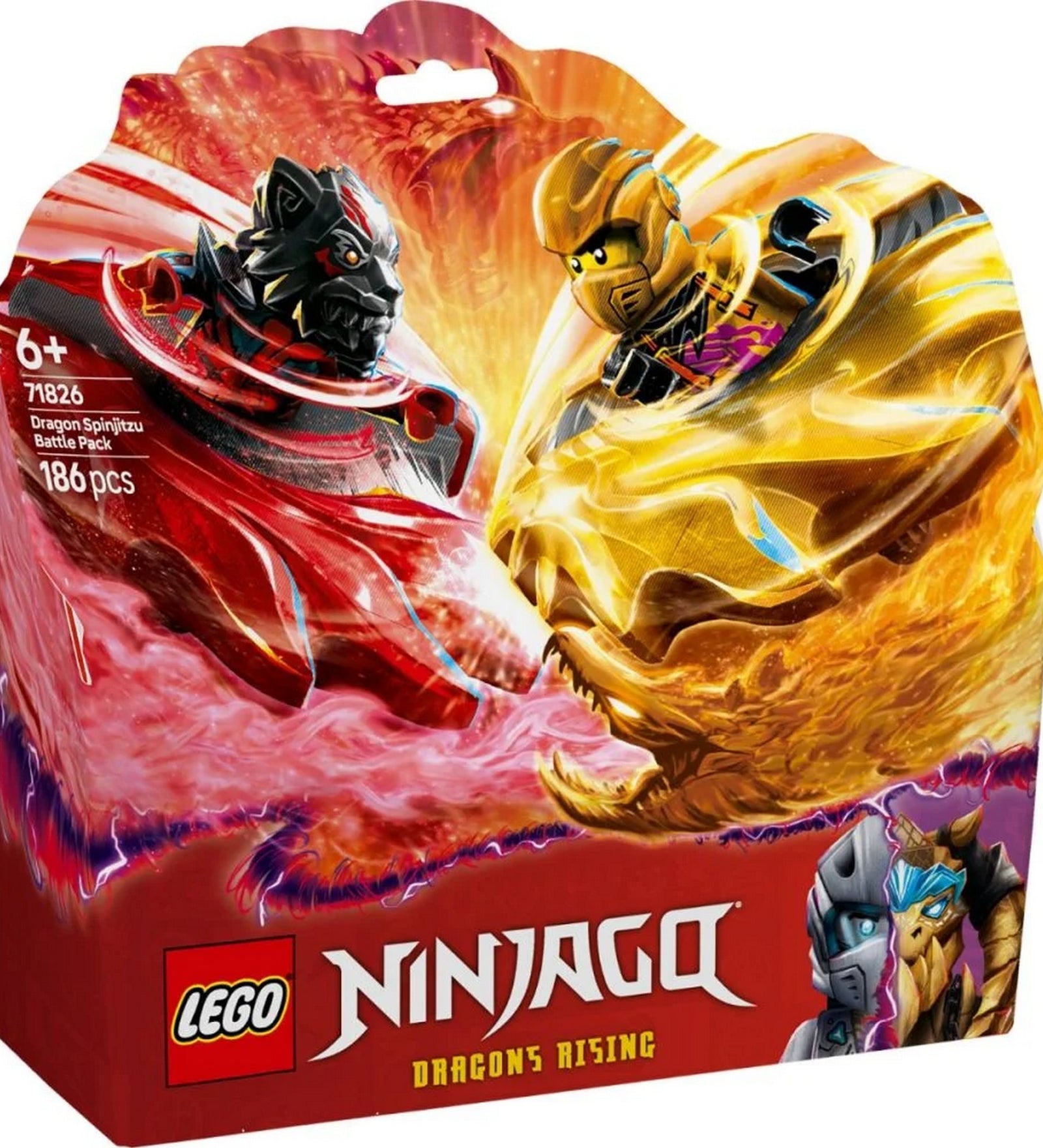  LEGO NINJAGO Sárkány spinjitzu harci csomag (71826) - Dinamikus dobozdesign Arin és Ras spinjitzu harcával.