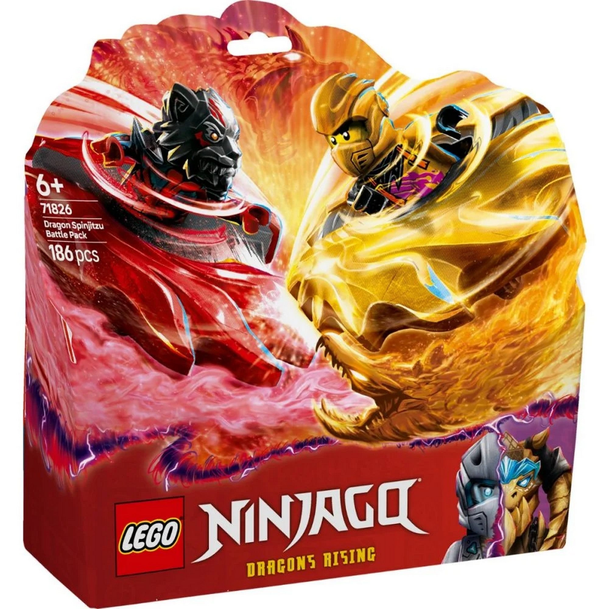  LEGO NINJAGO Sárkány spinjitzu harci csomag (71826) - Dinamikus dobozdesign Arin és Ras spinjitzu harcával.