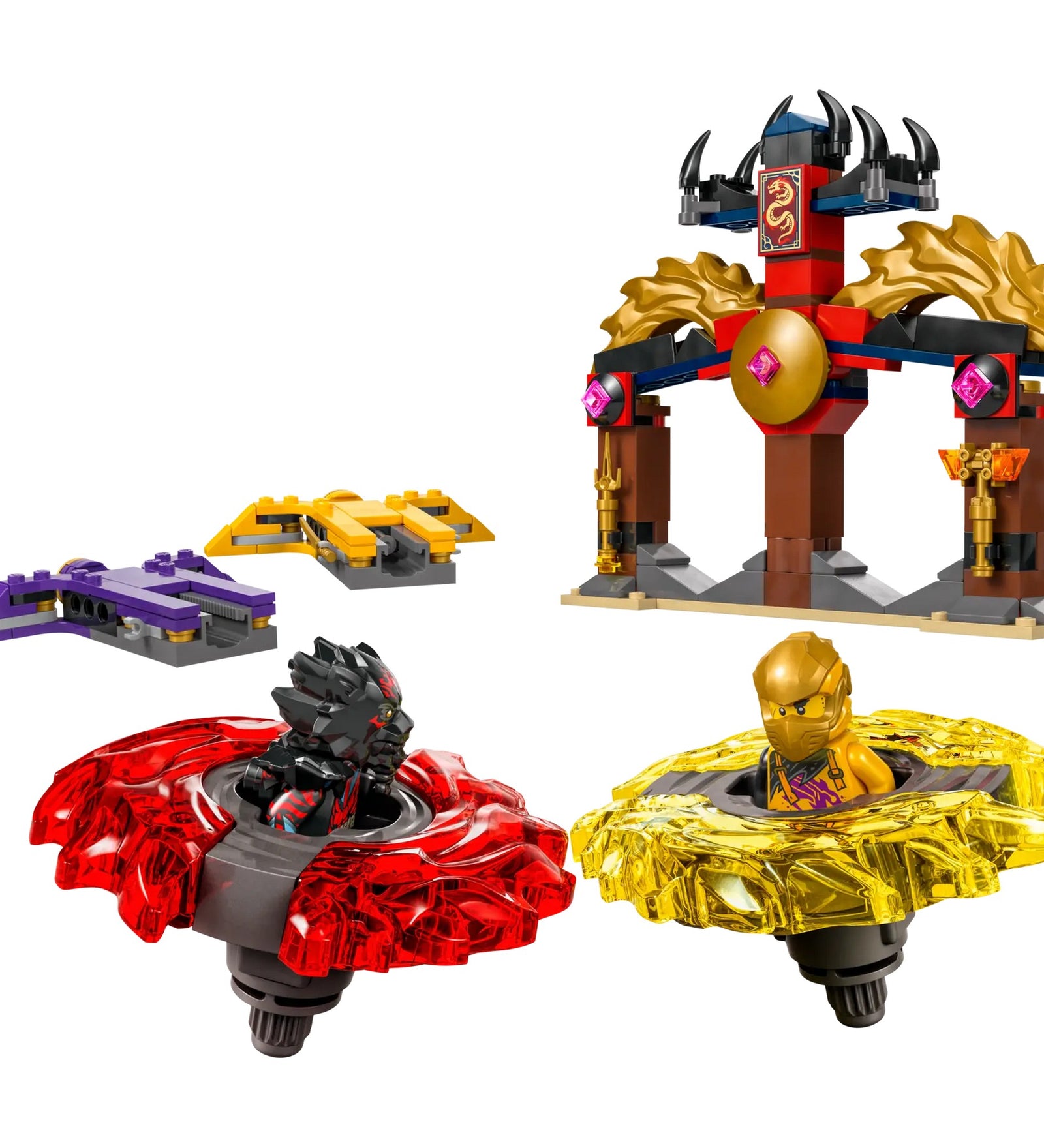 LEGO NINJAGO Sárkány spinjitzu harci csomag (71826) - Arin és Ras pörgettyűi, templom és arany elemek.