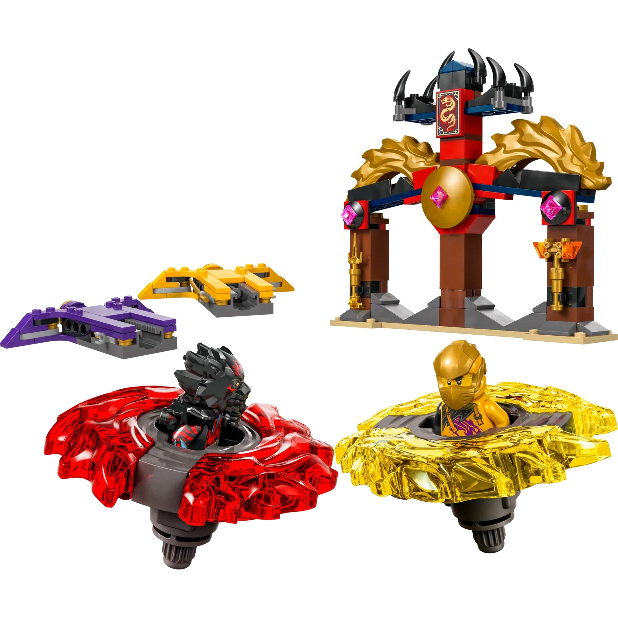 LEGO NINJAGO Sárkány spinjitzu harci csomag (71826) - Arin és Ras pörgettyűi, templom és arany elemek.
