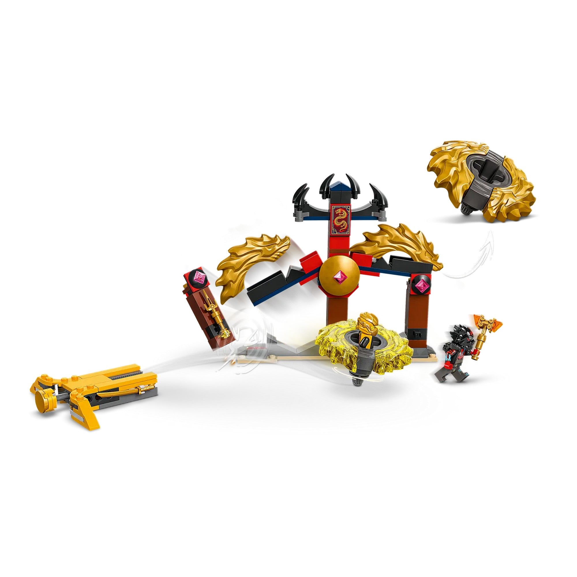LEGO NINJAGO Sárkány spinjitzu harci csomag (71826) - Forgó pörgettyűk mozgás közben a templomnál.