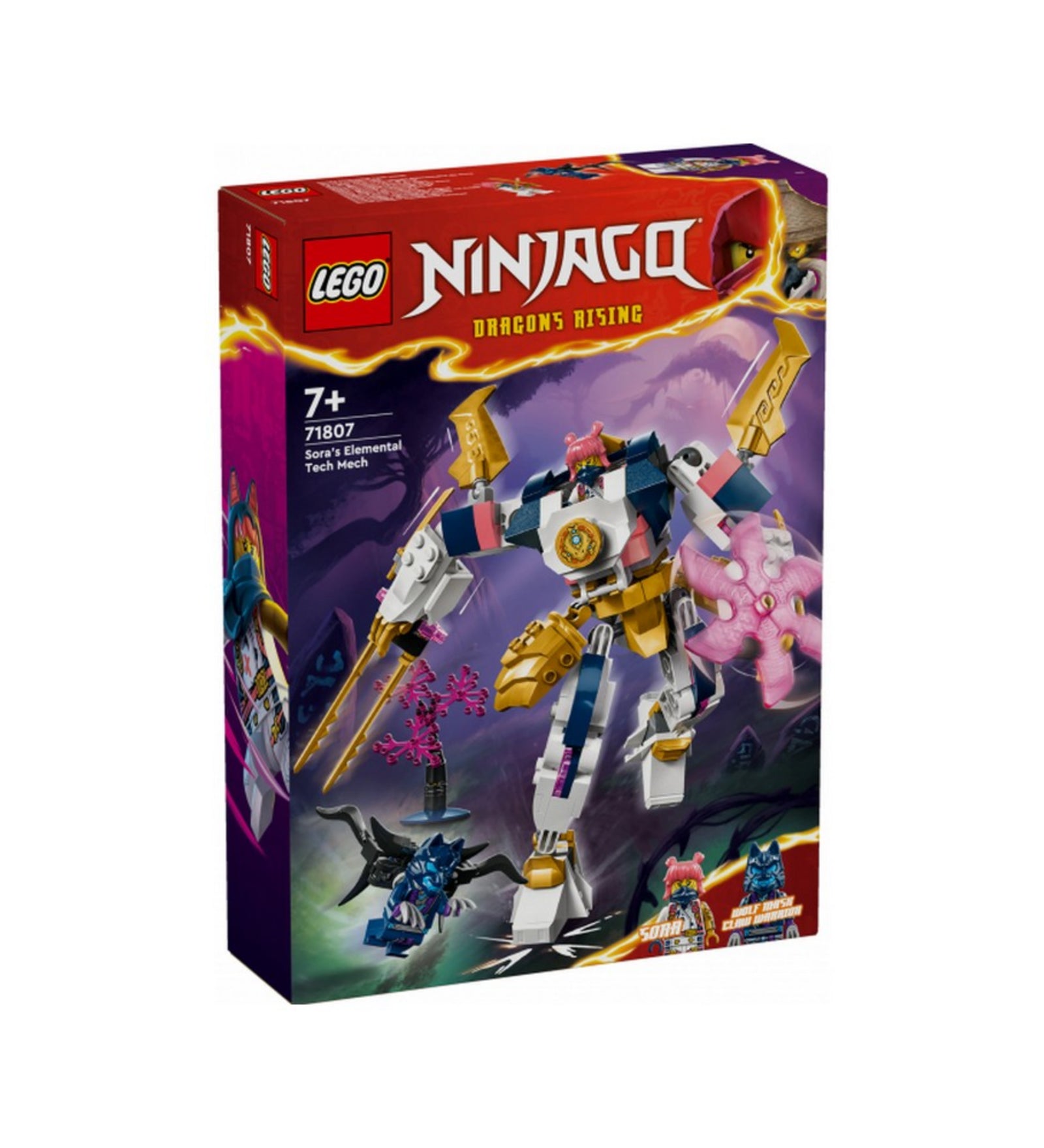 A LEGO NINJAGO Sora elemi csúcsrobotja (71807) szett színes doboza elölnézetből, rajta a robot, a minifigurák és a Dragon’s Rising logó.