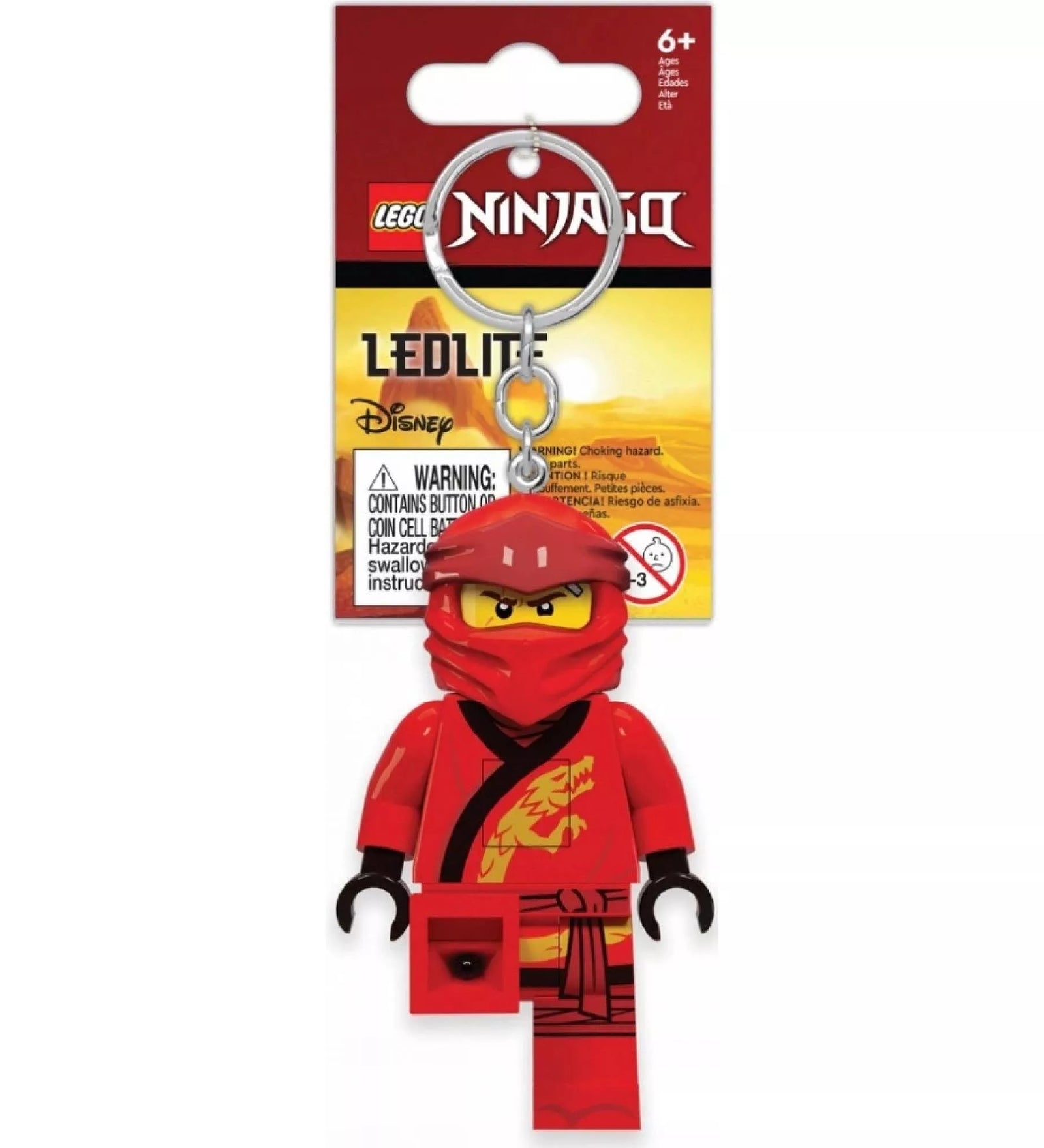 A LEGO Ninjago Kai LED kulcstartó csomagolt állapotban, eredeti LEGO Ninjago háttérrel, piros és sárga színű dizájnnal.