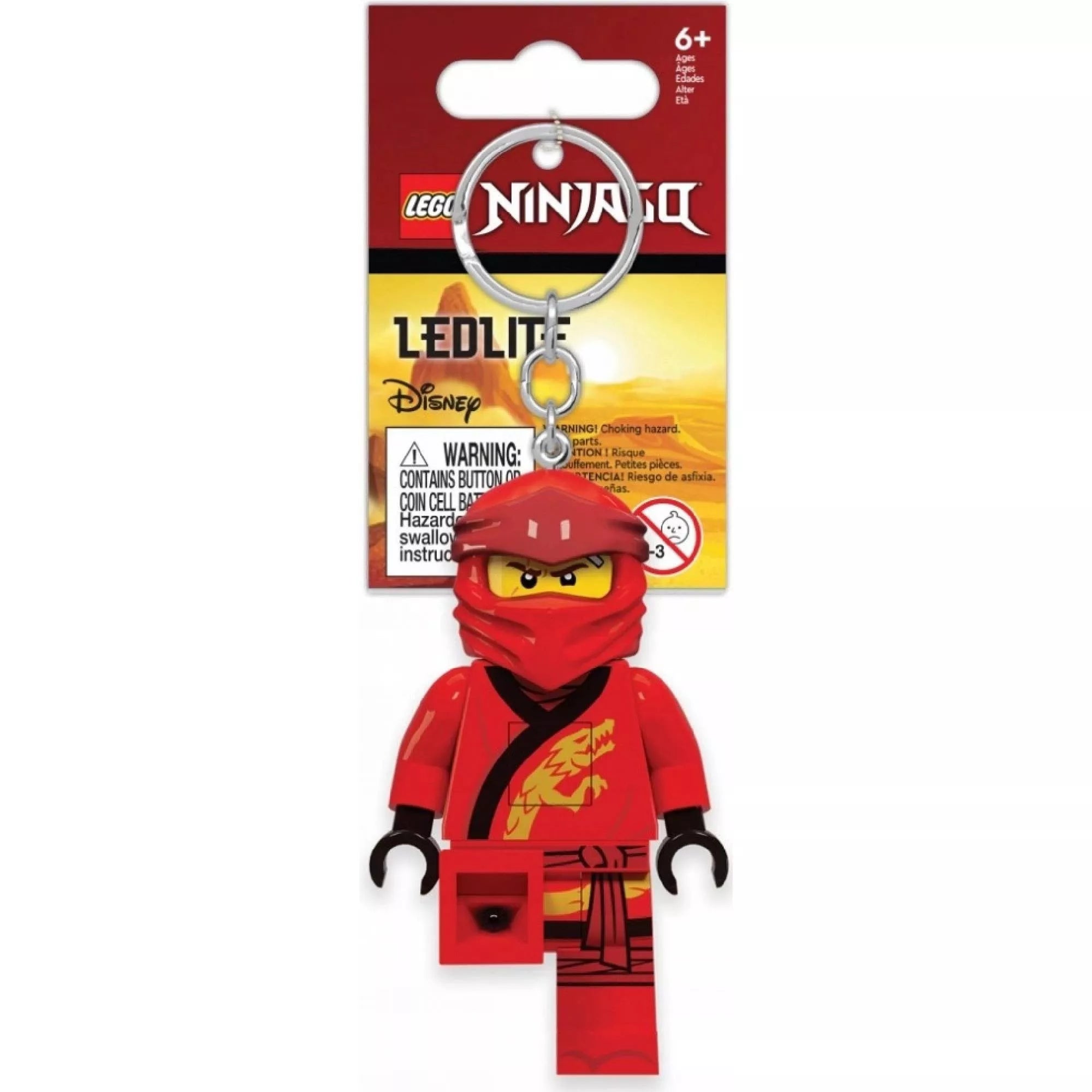 A LEGO Ninjago Kai LED kulcstartó csomagolt állapotban, eredeti LEGO Ninjago háttérrel, piros és sárga színű dizájnnal.
