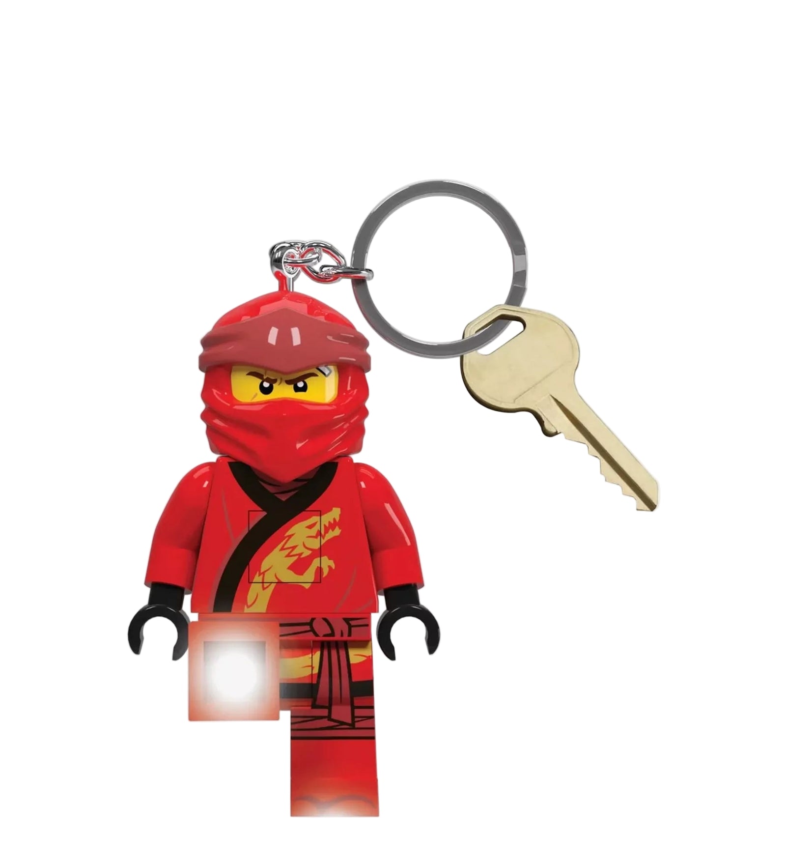 A LEGO Ninjago Kai kulcstartó működés közben, amikor a minifigura lábai világítanak, mellette egy kulcs a méretarány érzékeltetéséhez.