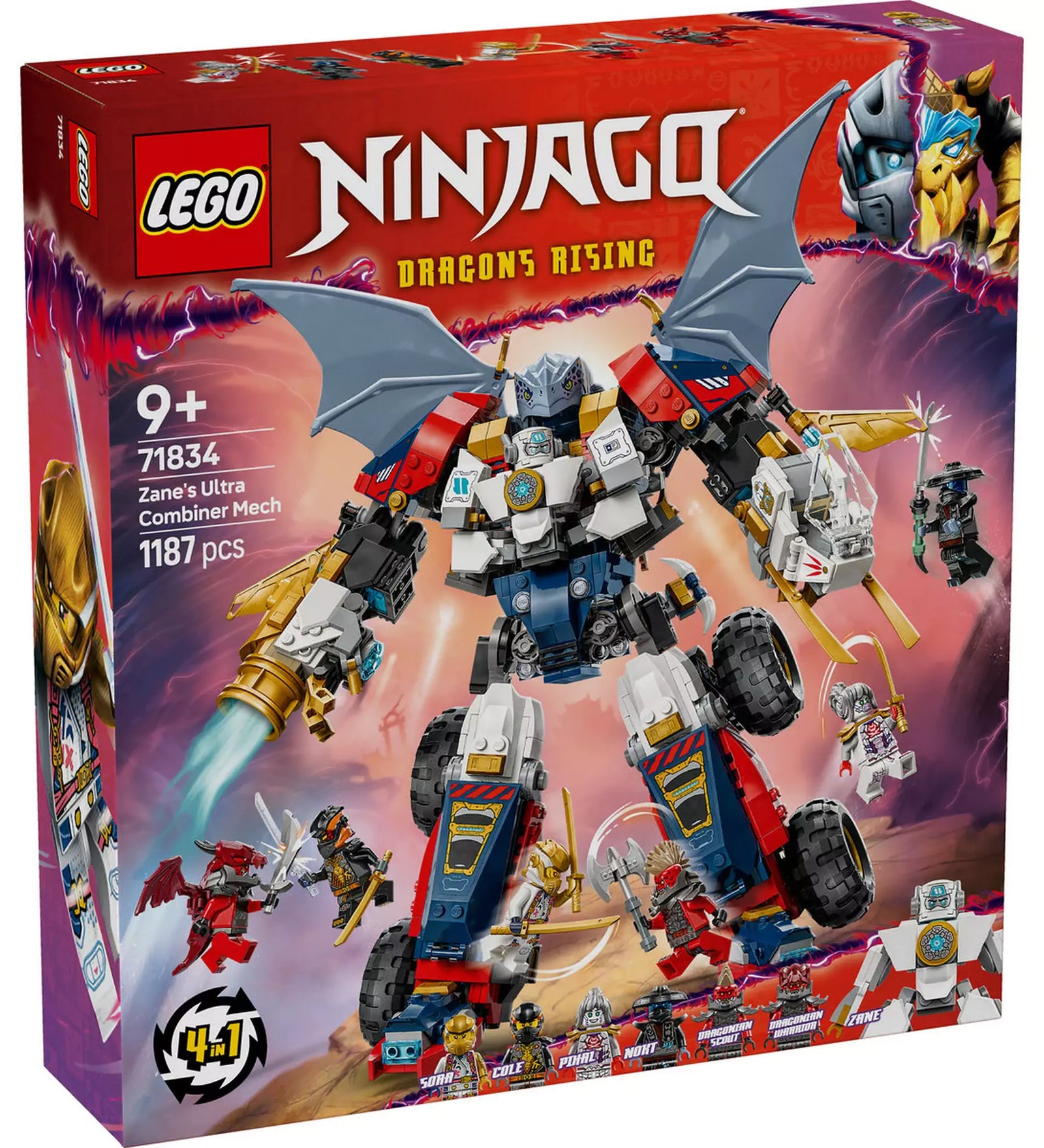 LEGO NINJAGO Zane kombinálható ultra robotja - Doboz előlapja (71834): A szett hivatalos csomagolása, a 4 az 1-ben funkciókkal és a NINJAGO világával.