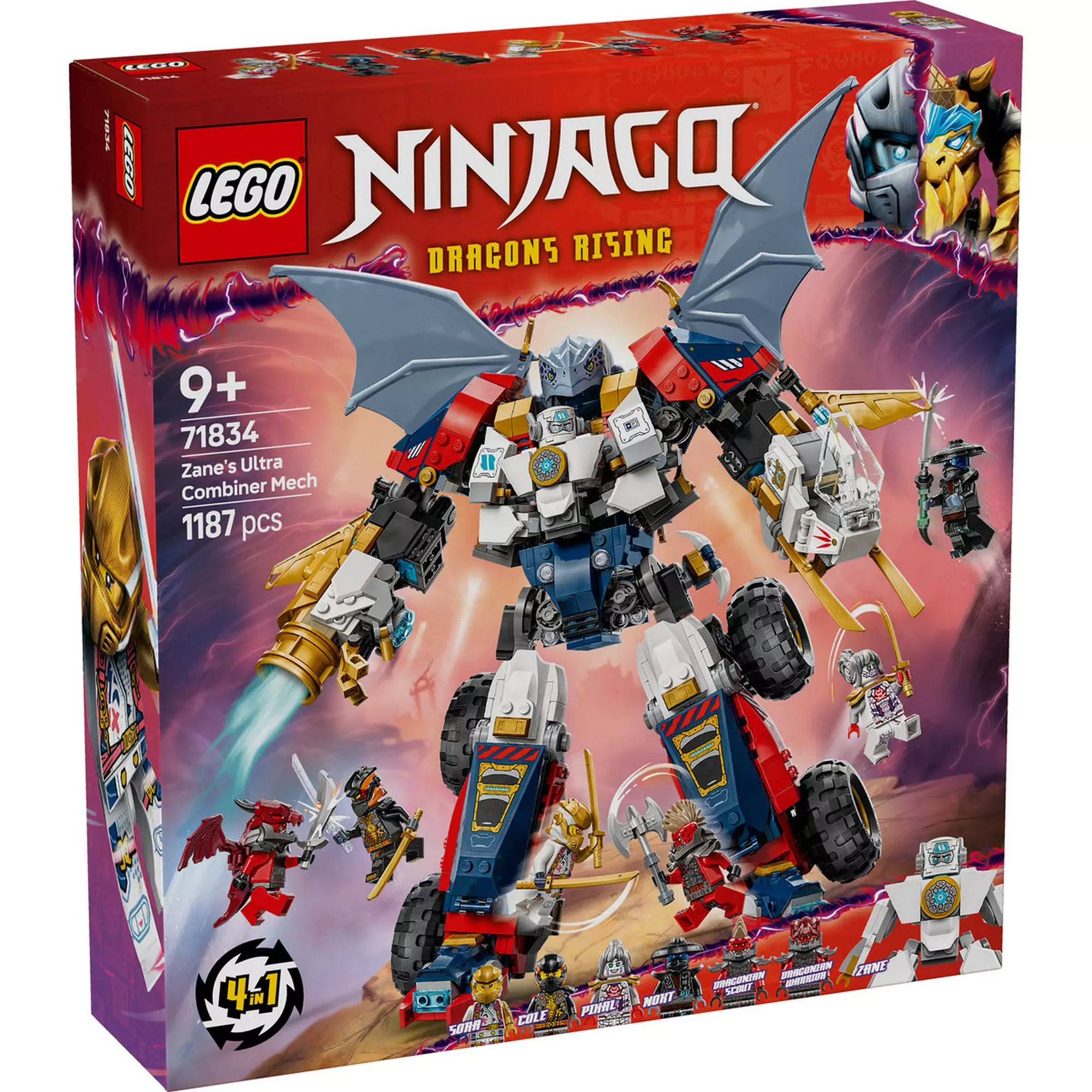 LEGO NINJAGO Zane kombinálható ultra robotja - Doboz előlapja (71834): A szett hivatalos csomagolása, a 4 az 1-ben funkciókkal és a NINJAGO világával.