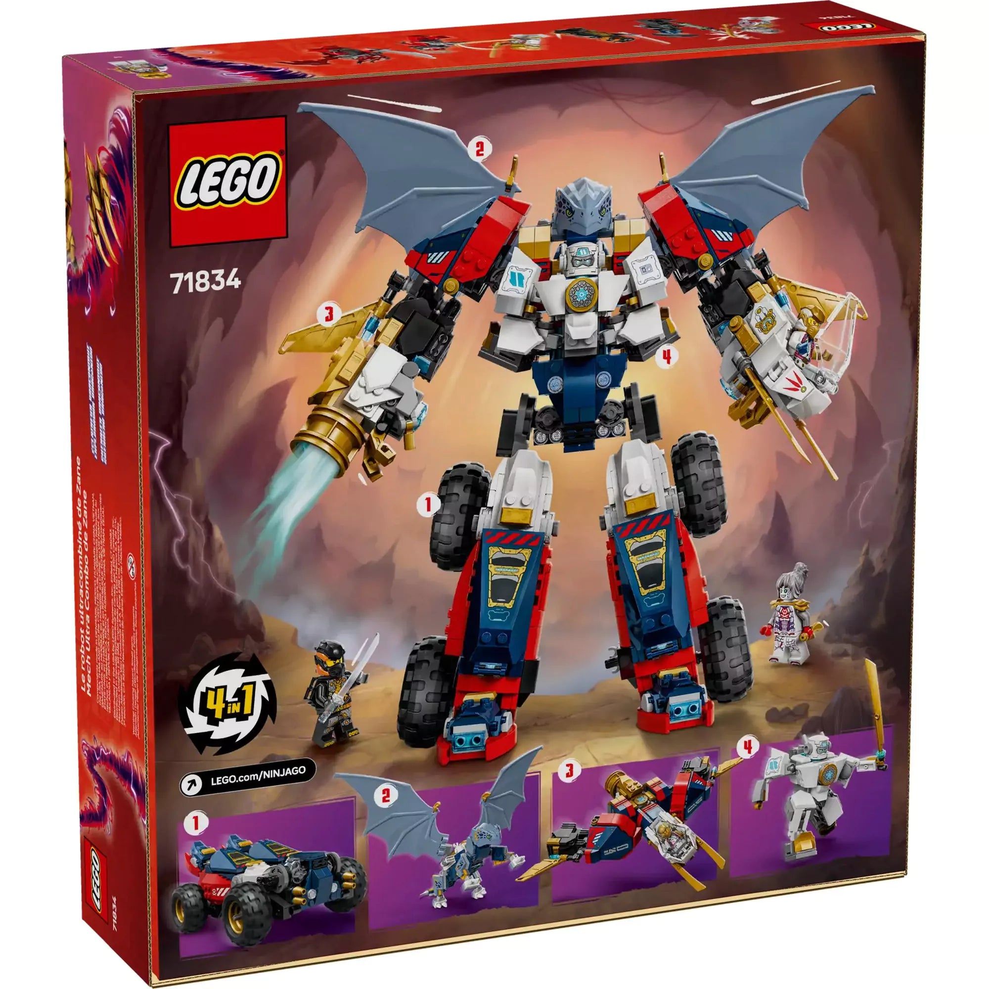 LEGO NINJAGO Zane kombinálható ultra robotja - Doboz hátoldala (71834): A LEGO doboz hátoldalán a készlet részei és funkciói részletesen bemutatva.