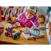 LEGO NINJAGO Zane kombinálható ultra robotja - Készlet összeszerelve (71834): Az összes különálló alkotóelem - robot, autó, sárkány és repülő - játék közben bemutatva.