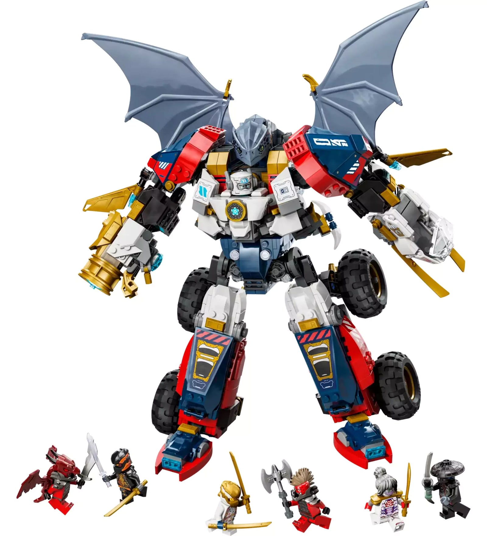 LEGO NINJAGO Zane kombinálható ultra robotja (71834): A hatalmas kombinálható robot, kék sárkányszárnyakkal és hat figurával a NINJAGO Sárkányok birodalmából.
