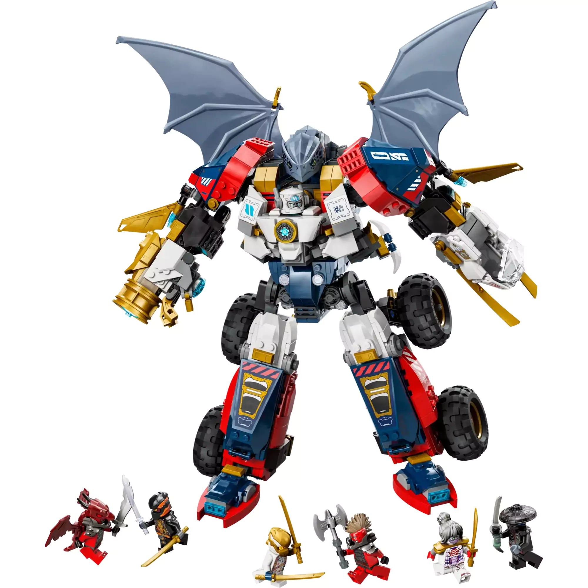 LEGO NINJAGO Zane kombinálható ultra robotja (71834): A hatalmas kombinálható robot, kék sárkányszárnyakkal és hat figurával a NINJAGO Sárkányok birodalmából.