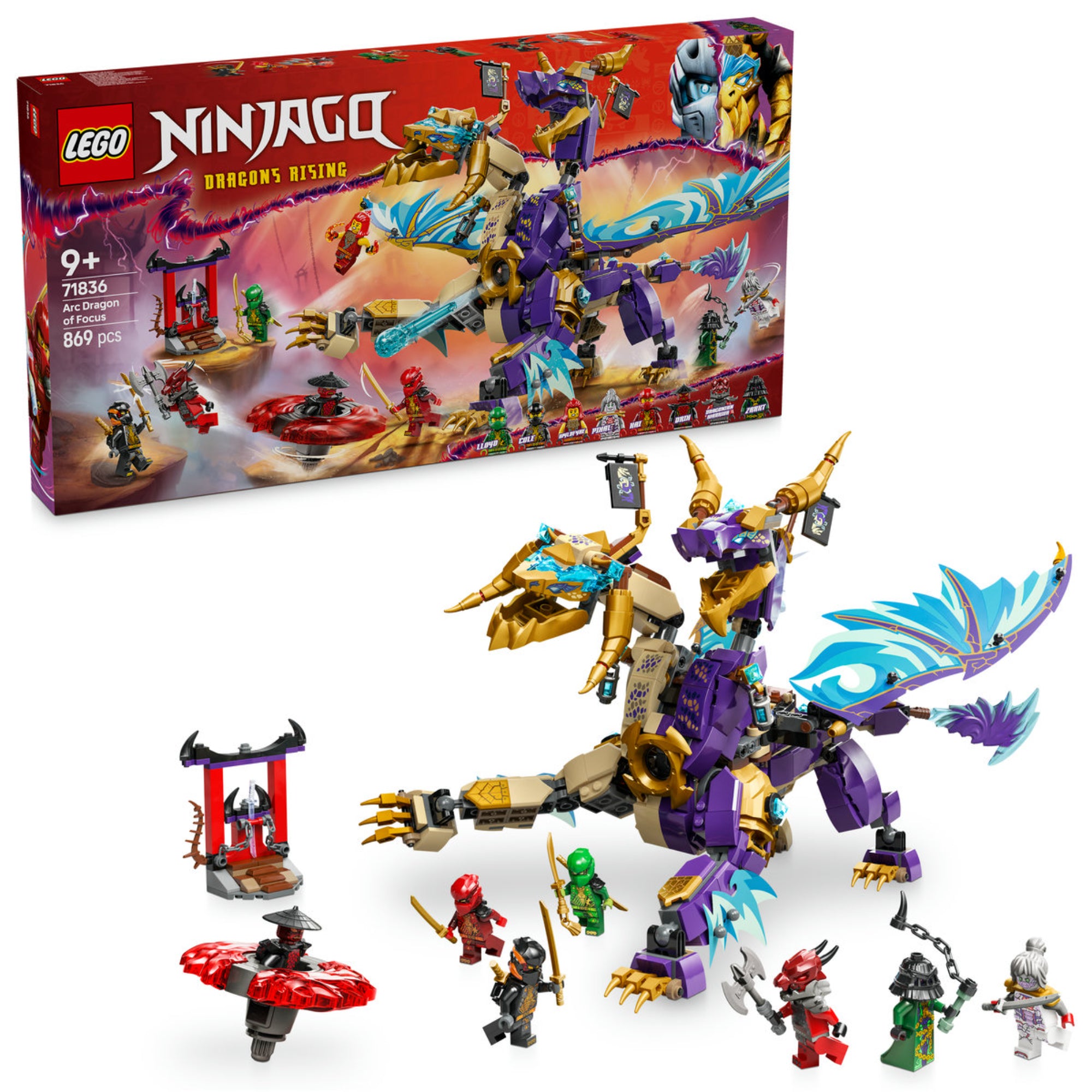 A LEGO NINJAGO Fókusz Sárkány (71836) egy epikus készlet, amely tartalmaz egy hatalmas, mozgatható sárkányt, egy Spinjitzu pörgettyűt és nyolc minifigurát. A szett a Ninjago: A Sárkányok felemelkedése 3. évadának izgalmait idézi meg.
