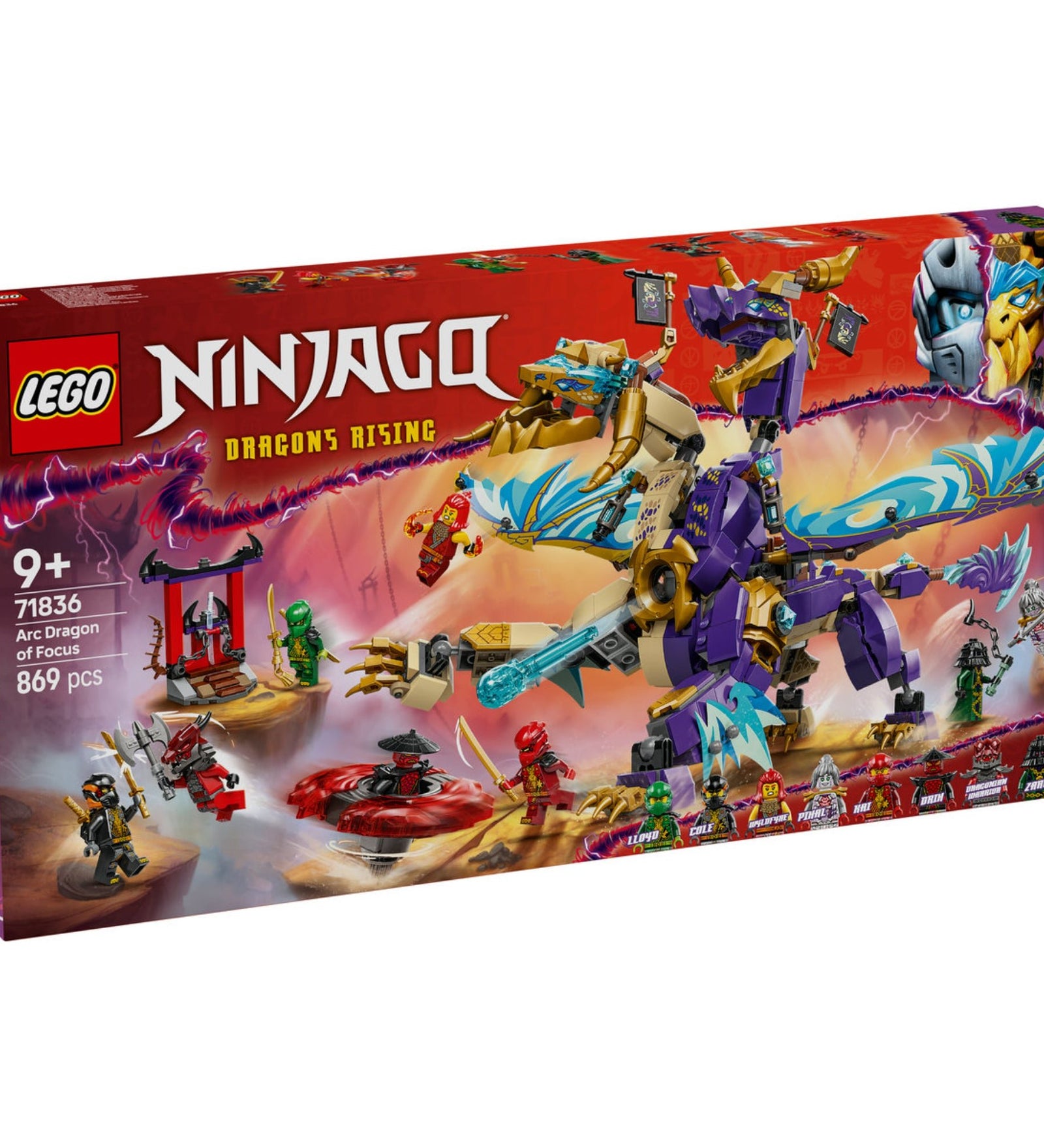 A LEGO NINJAGO Fókusz Sárkány (71836) egy lenyűgöző építőkészlet, amely tartalmaz egy hatalmas, mozgatható sárkányt, fegyverekkel felszerelt minifigurákat és egy Spinjitzu pörgettyűt. A szett izgalmas harci jeleneteket idéz a Ninjago: A Sárkányok felemelkedése sorozat 3. évadából, és tökéletes a 9 éves és idősebb rajongók számára.