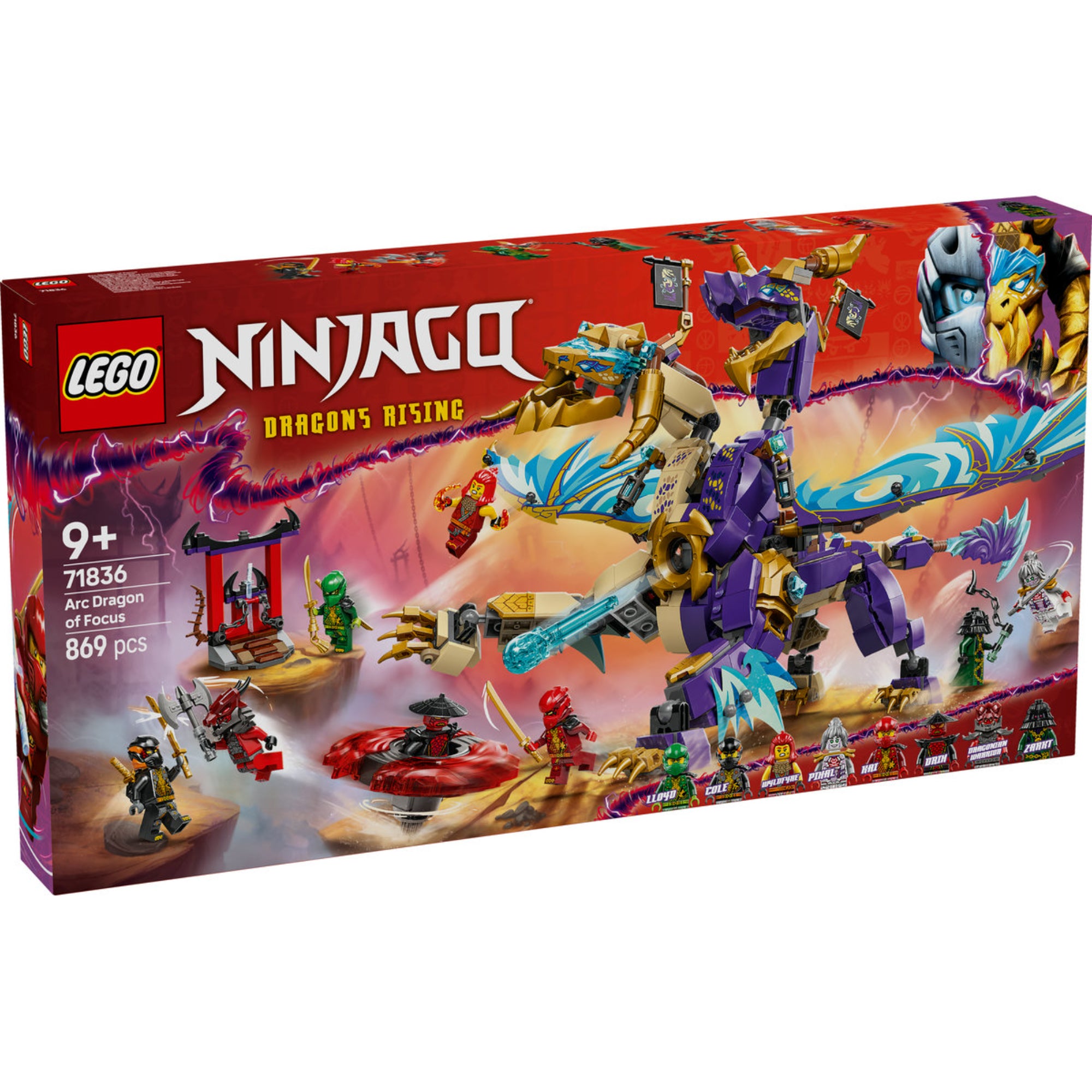 A LEGO NINJAGO Fókusz Sárkány (71836) egy lenyűgöző építőkészlet, amely tartalmaz egy hatalmas, mozgatható sárkányt, fegyverekkel felszerelt minifigurákat és egy Spinjitzu pörgettyűt. A szett izgalmas harci jeleneteket idéz a Ninjago: A Sárkányok felemelkedése sorozat 3. évadából, és tökéletes a 9 éves és idősebb rajongók számára.