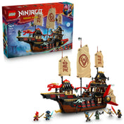 LEGO NINJAGO The Temple Bounty (71848) doboz és megépített hajó – A részletes, vörös-fekete szamuráj stílusú hajó vitorlákkal és nindzsa minifigurákkal.