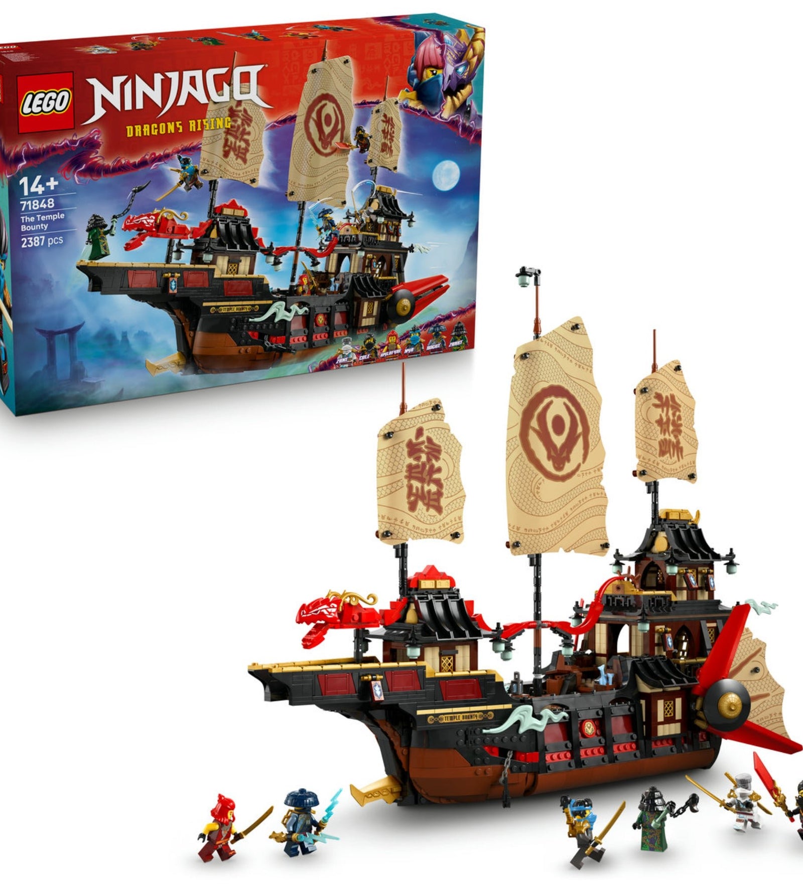 LEGO NINJAGO The Temple Bounty (71848) doboz és megépített hajó – A részletes, vörös-fekete szamuráj stílusú hajó vitorlákkal és nindzsa minifigurákkal.