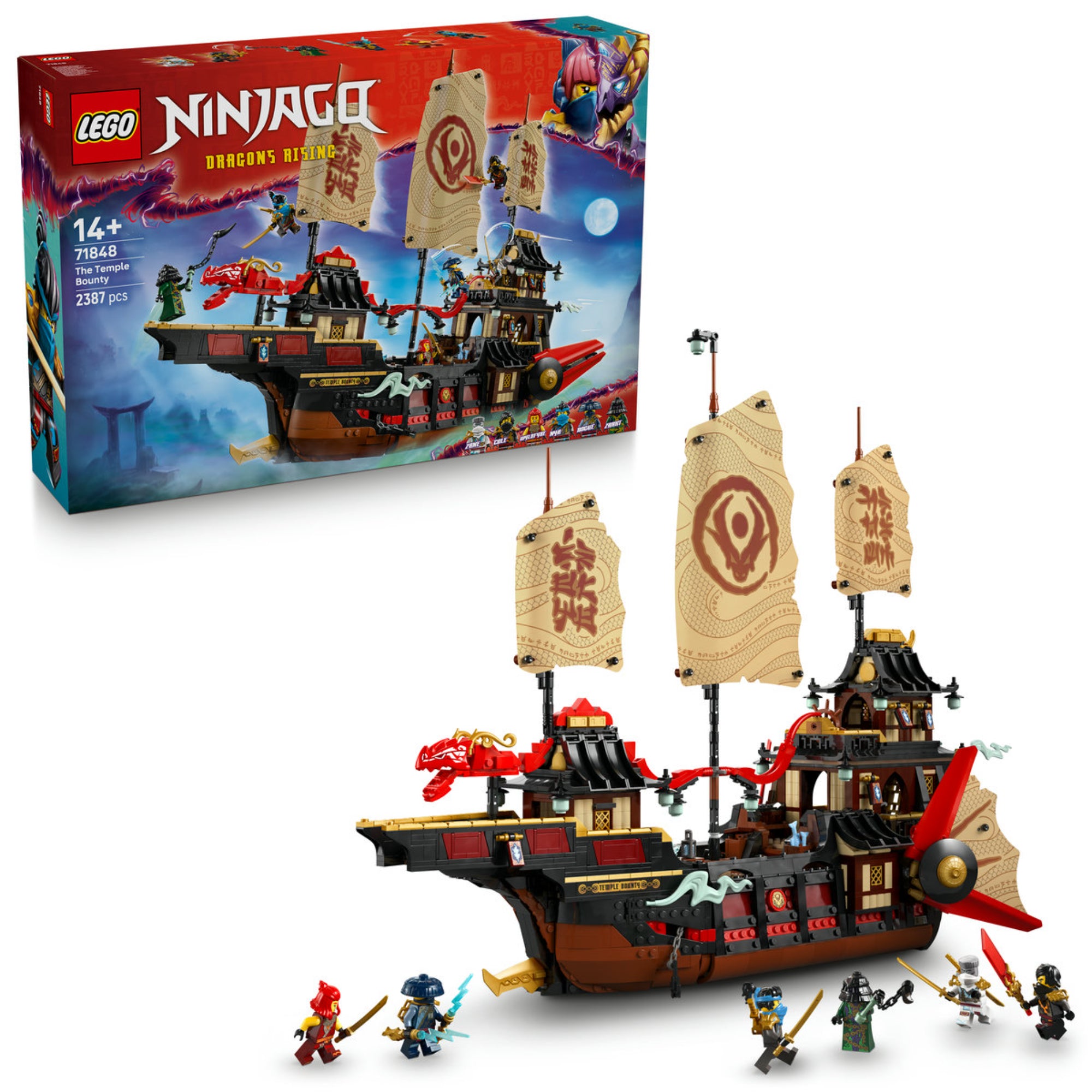 LEGO NINJAGO The Temple Bounty (71848) doboz és megépített hajó – A részletes, vörös-fekete szamuráj stílusú hajó vitorlákkal és nindzsa minifigurákkal.