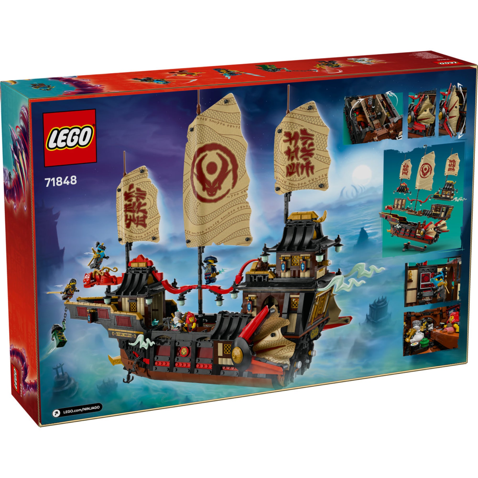 LEGO NINJAGO The Temple Bounty (71848) doboz hátlap – A hajó funkciói, játszható belső terek és kiegészítők bemutatása.